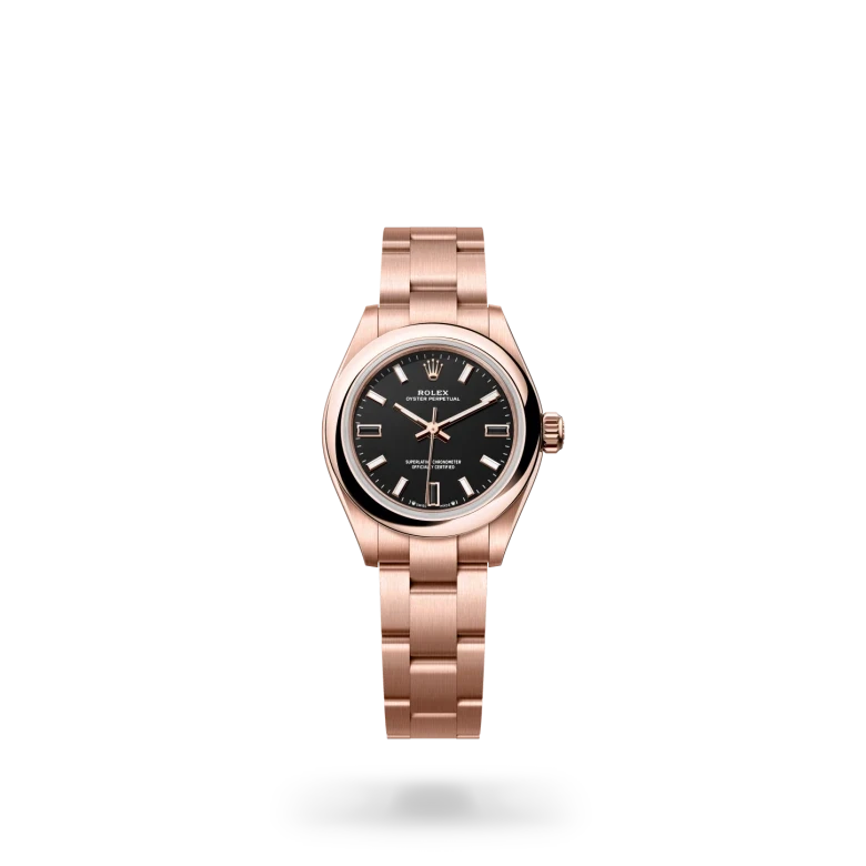 rolex oyster perpetual in 18 ct everose gold, M276205-0001 - henne jewelers