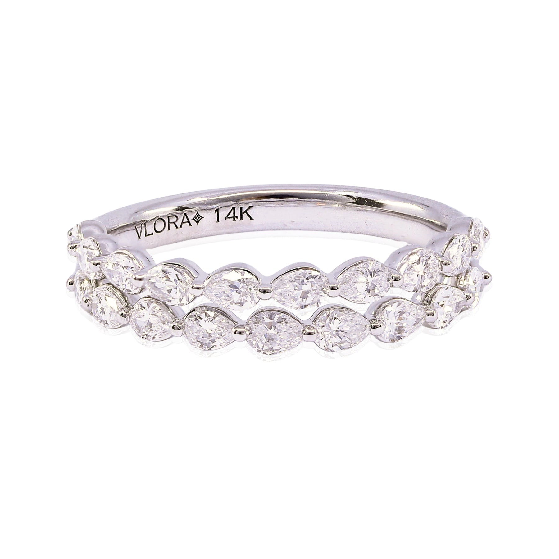 14K WHITE GOLD DOUBLE ROW PEAR-SHAPE DIAMOND WEDDING BAND - 0.93CTW
