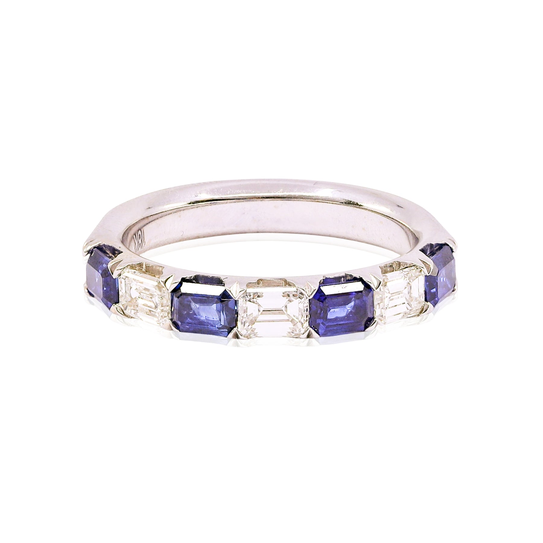 18K WHITE GOLD EMERALD-CUT DIAMOND SAPPHIRE WEDDING BAND  209-14143