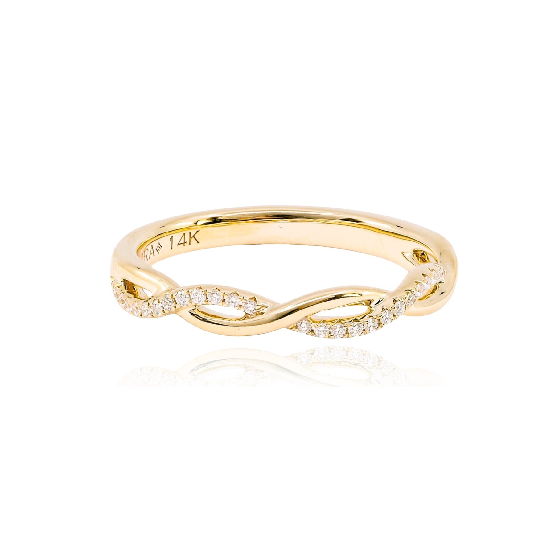 VLORA 14K YELLOW GOLD PAVE TWIST WEDDING BAND 0.11CTW