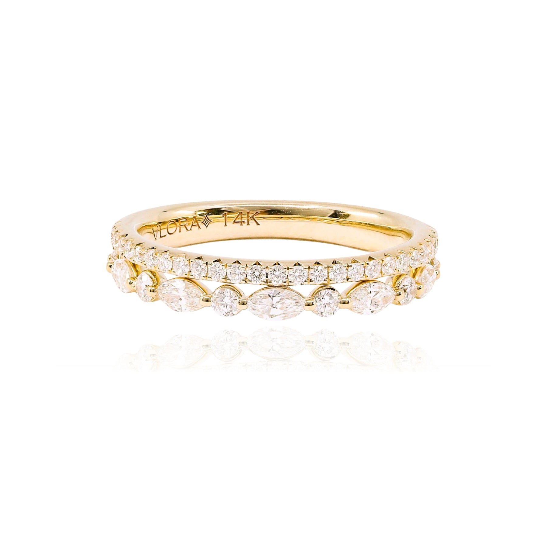 VLORA 14K YELLOW GOLD MIXED CUT PAVE DIAMOND DOUBLE ROW WEDDING BAND