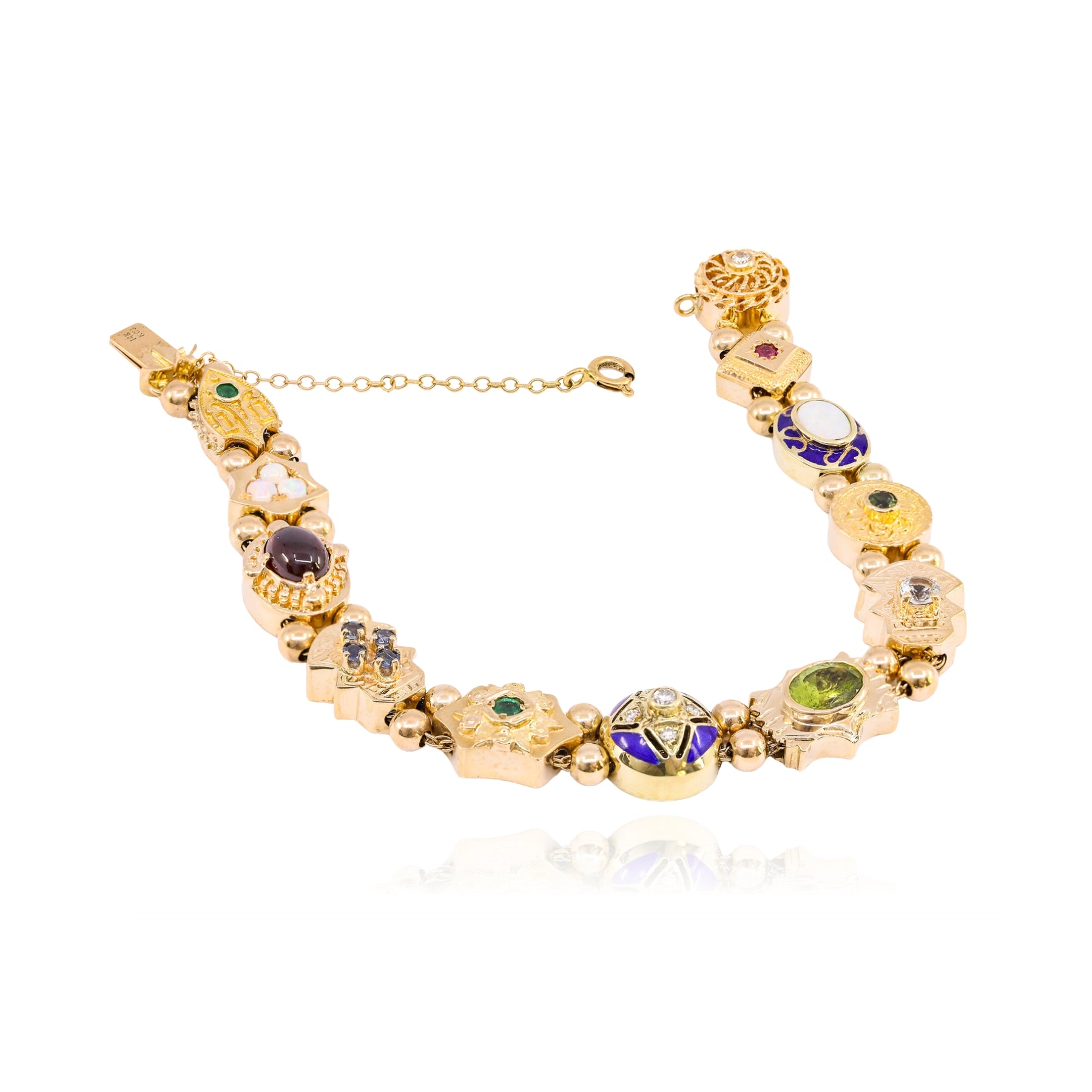 ESTATE 14K YELLOW GOLD VICTORIAN STYLE VINTAGE MULTI-GEMSTONE SLIDE CHARM BRACELET