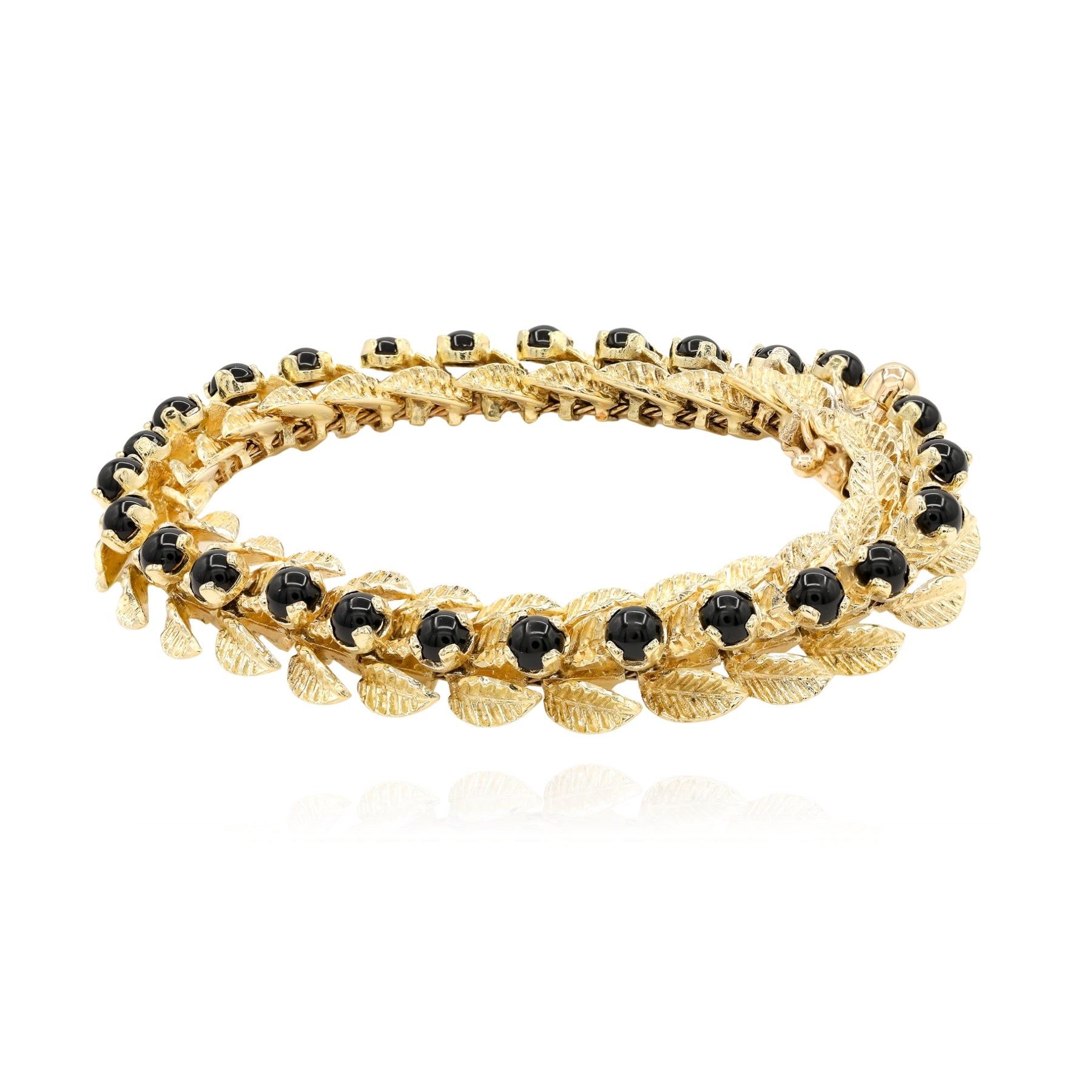 ESTATE 14K YELLOW GOLD ONYX LEAF LINK BRACELET