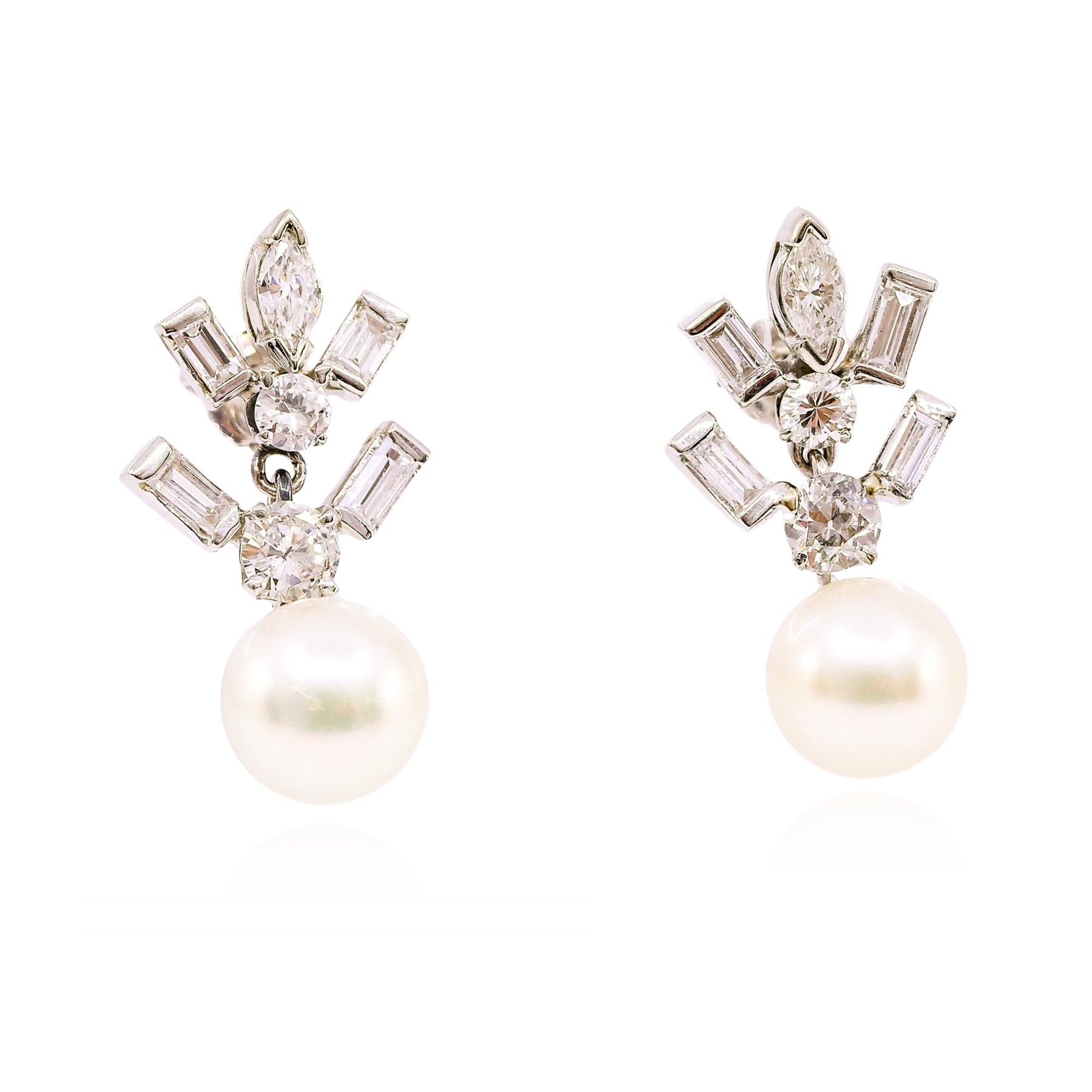 ESTATE 14K WHITE GOLD PEARL DIAMOND DROP EARRINGS - 1.80CTW