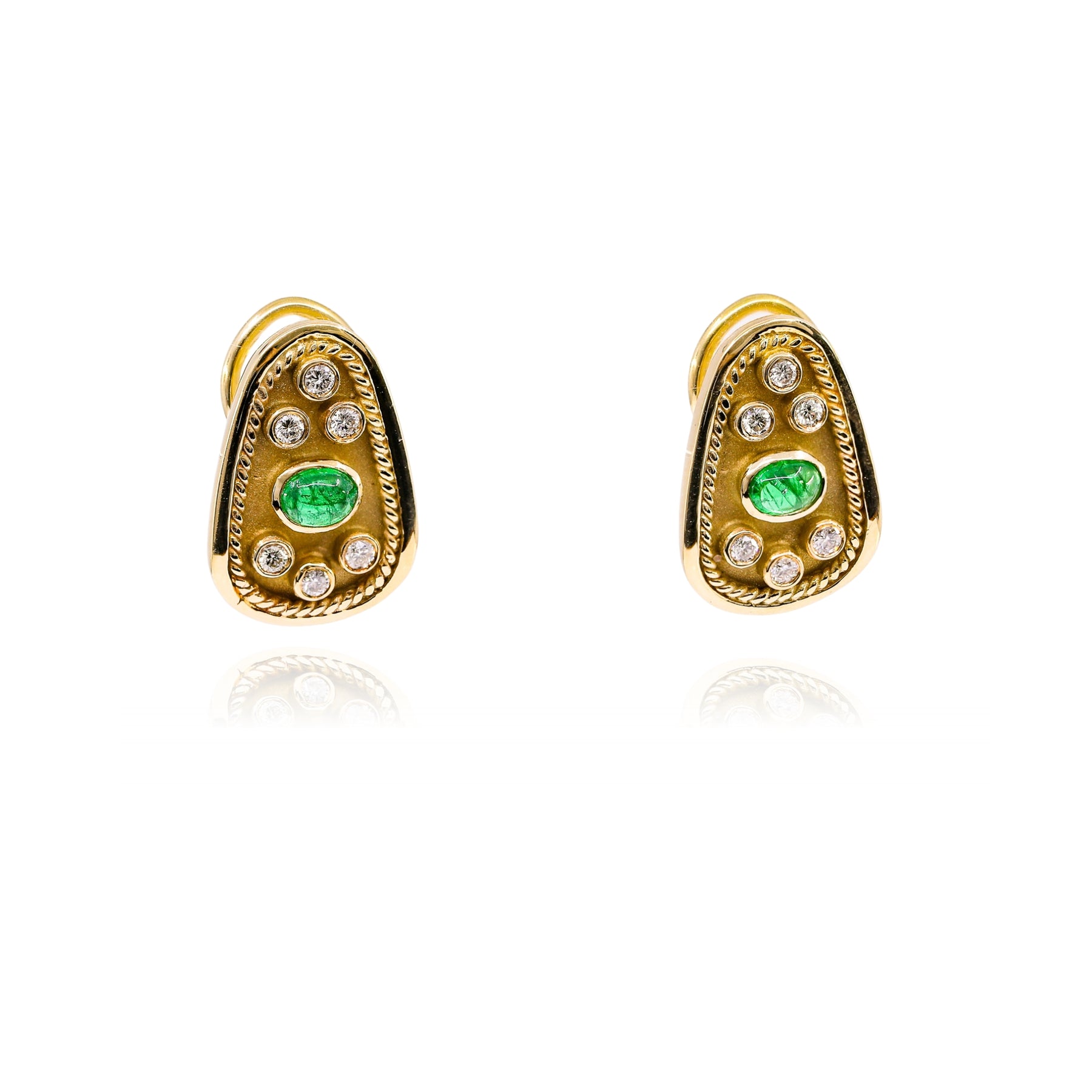 ESTATE 18K YELLOW GOLD CABOCHON EMERALD BEZEL DIAMOND EARRINGS