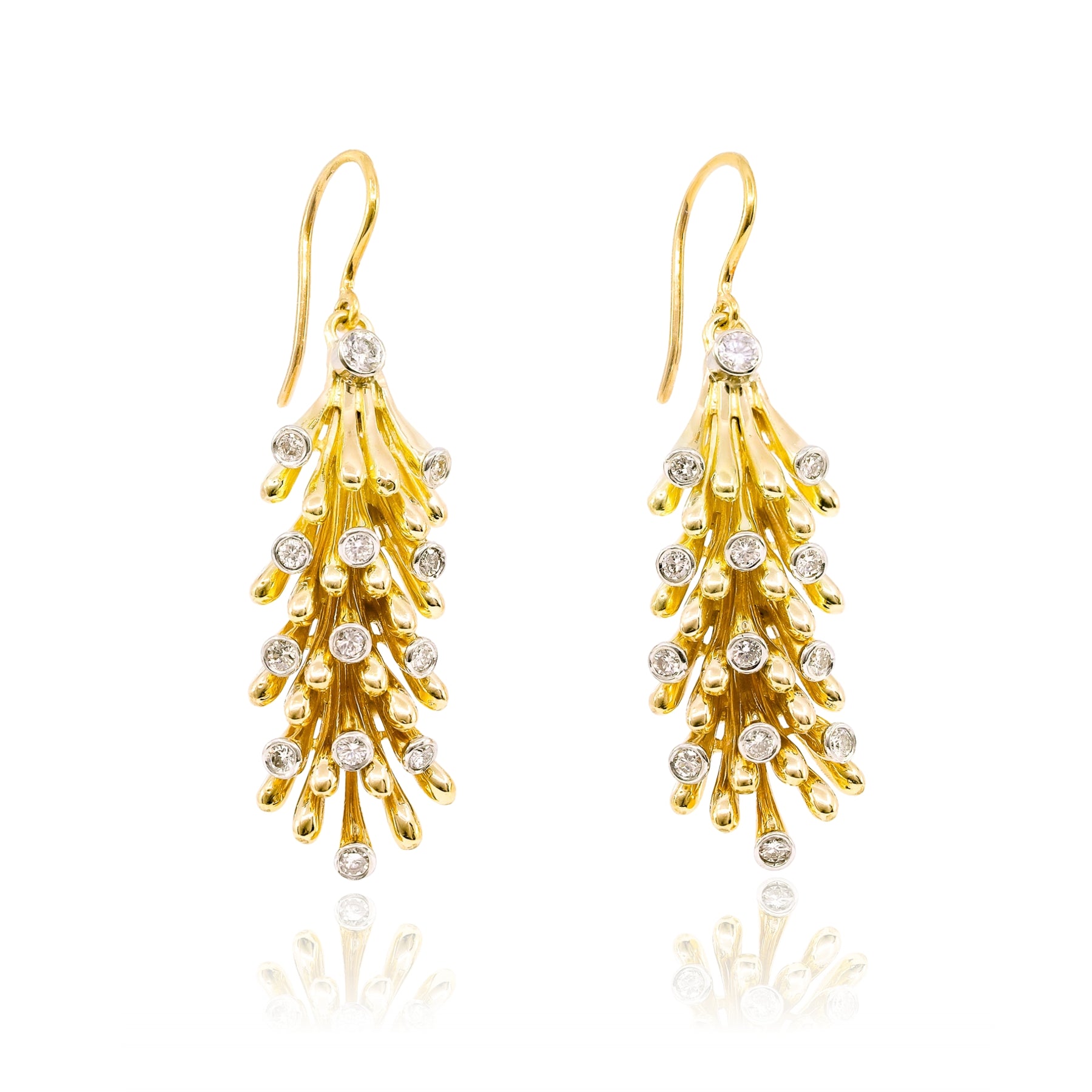 ESTATE JENNY LIN UPCYCLED 18K YELLOW GOLD ANEMONE DIAMOND DANGLE EARRINGS