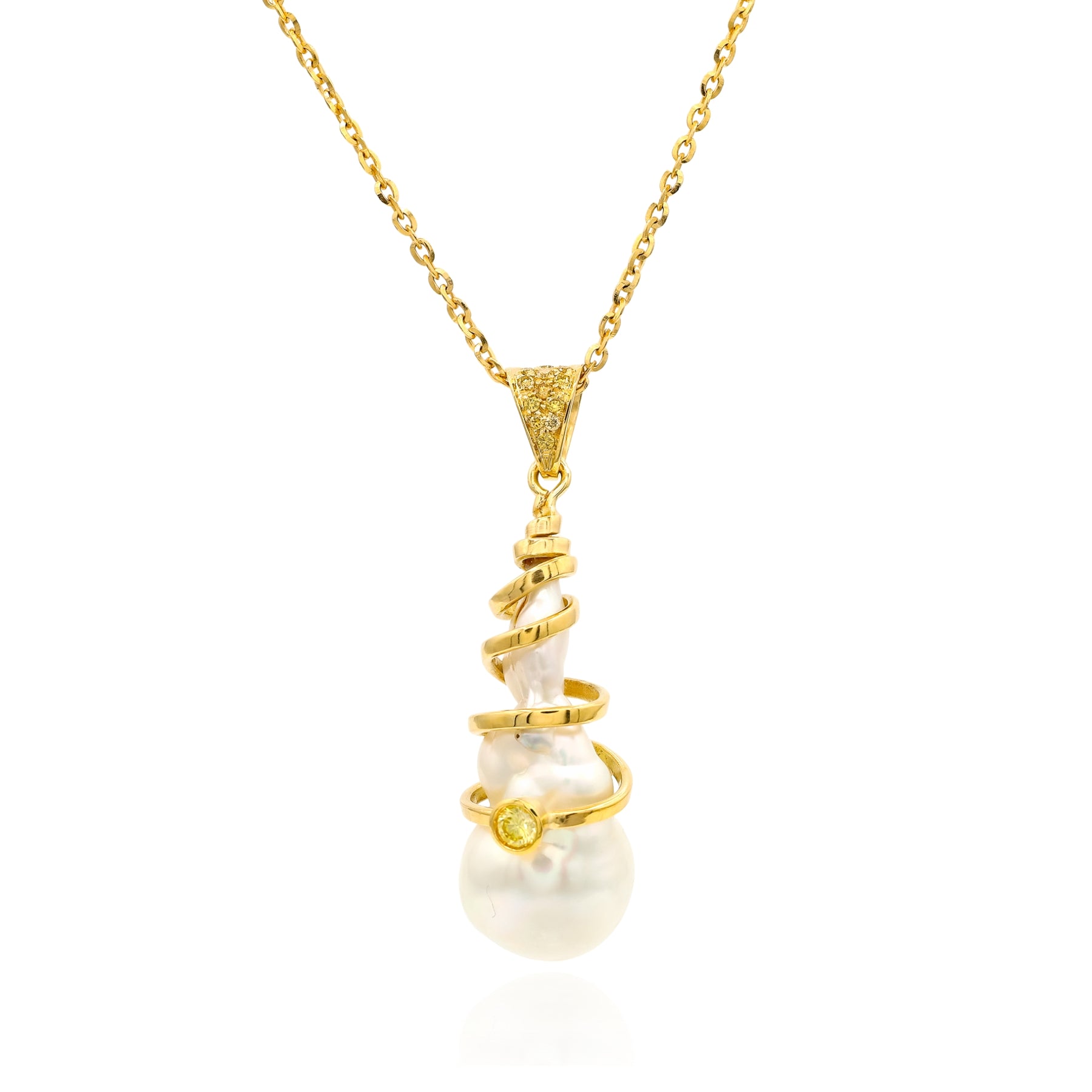ESTATE 18K YELLOW GOLD ABSTRACT WRAPPED BAROQUE PEARL YELLOW DIAMOND NECKLACE