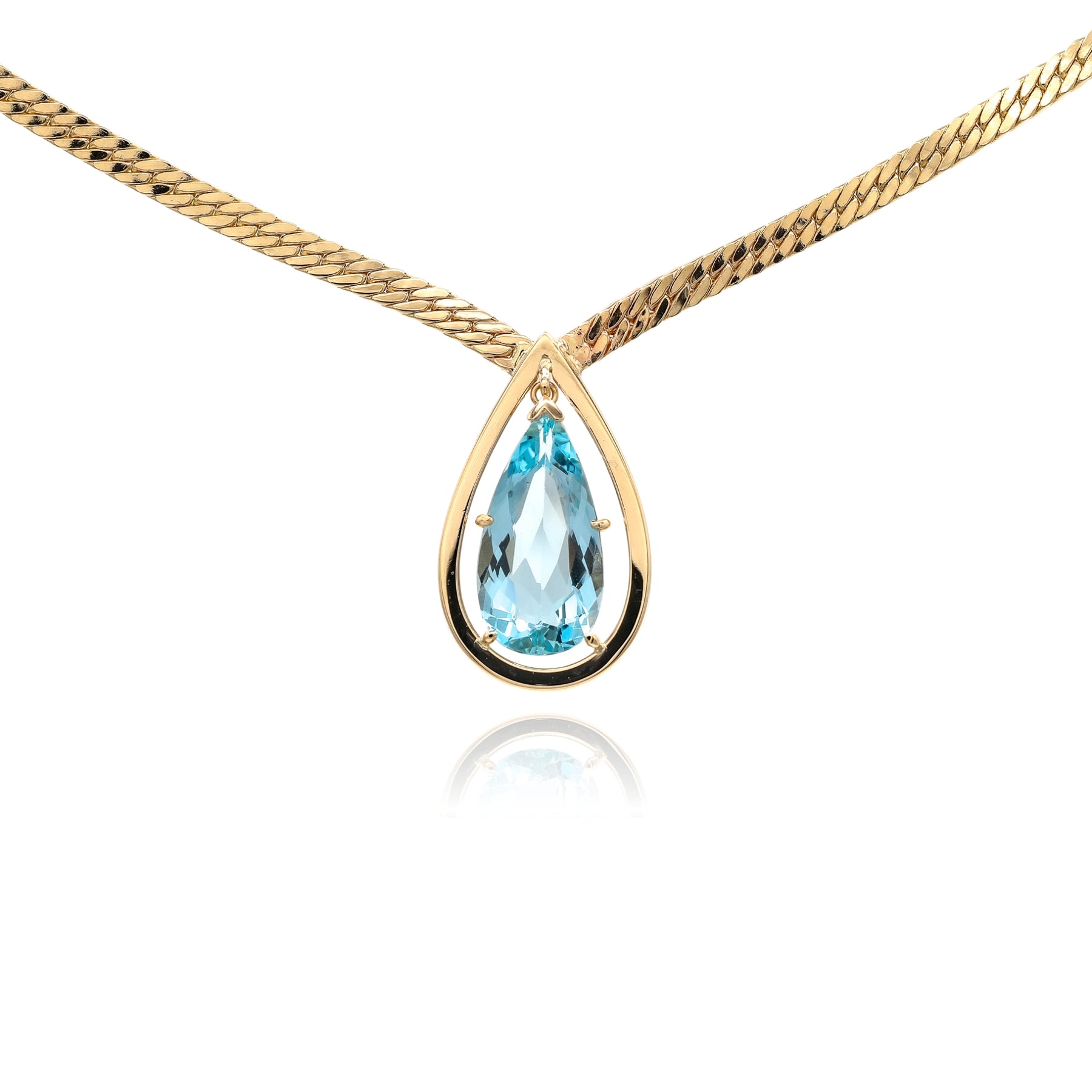 ESTATE 14K YELLOW GOLD BLUE TOPAZ HERRINGBONE NECKLACE