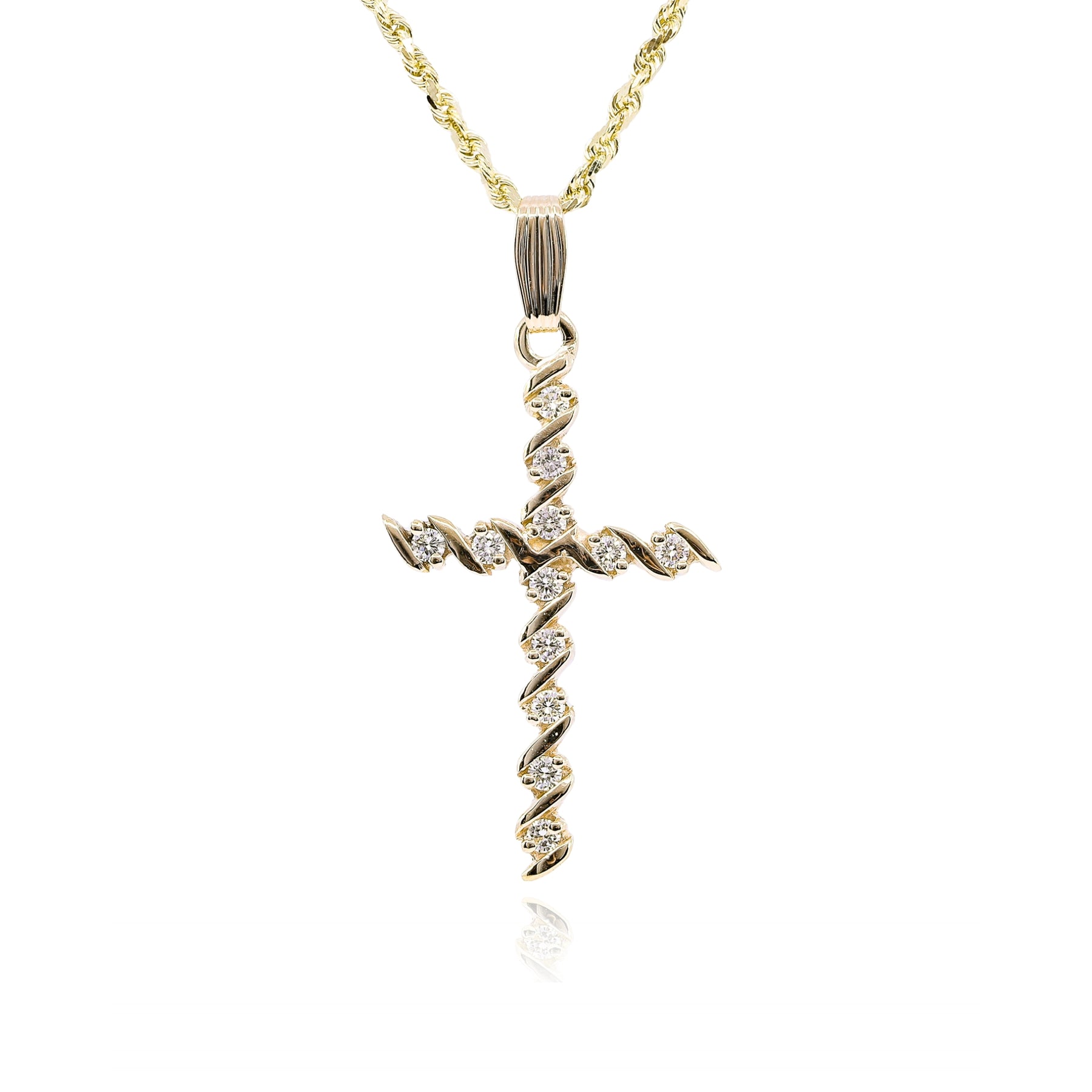 ESTATE 14K YELLOW GOLD DIAMOND CROSS WITH ROPE CHAIN - 0.50CTW