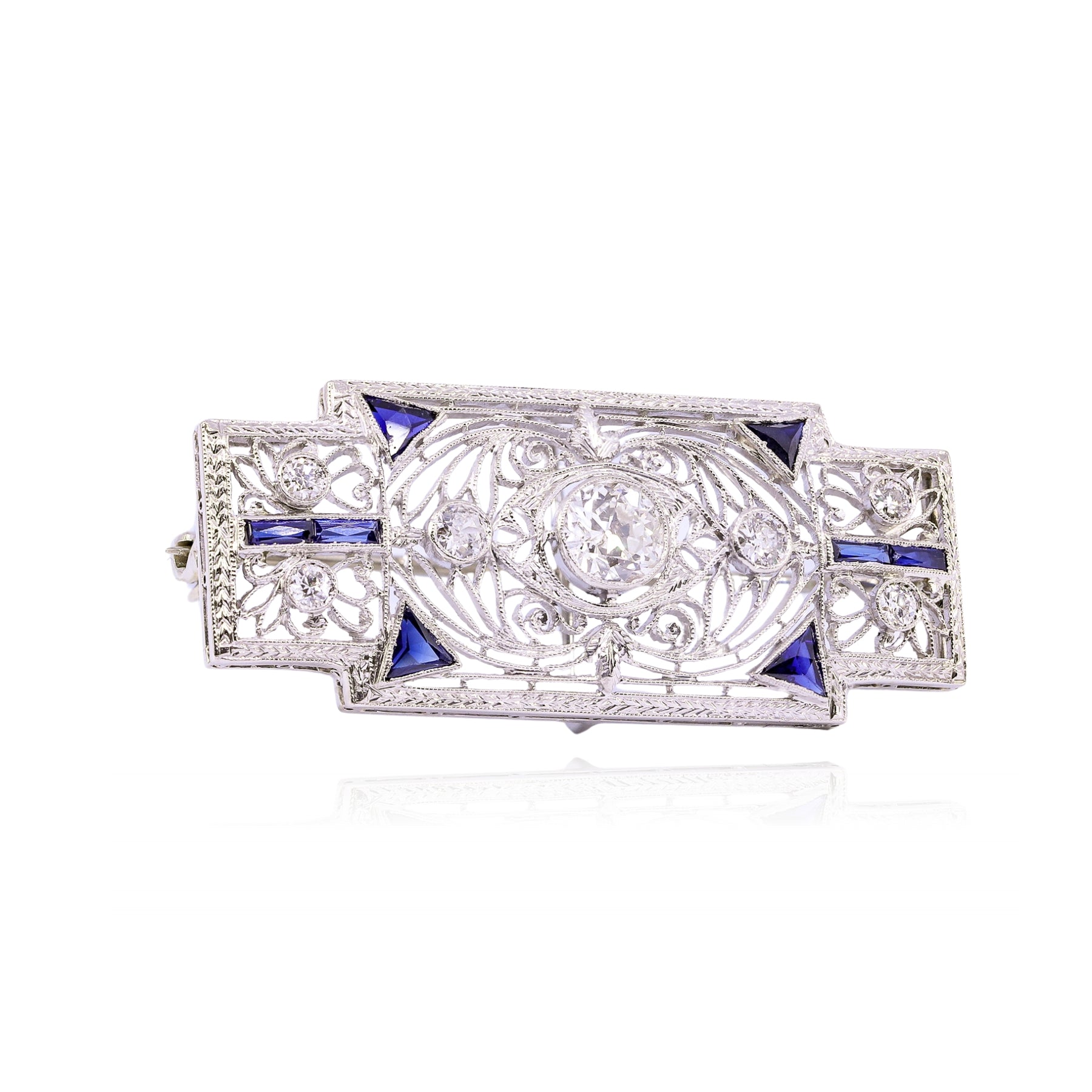ESTATE PLATINUM ART DECO DIAMOND SYNTHETIC SAPPHIRE BROOCH/PIN