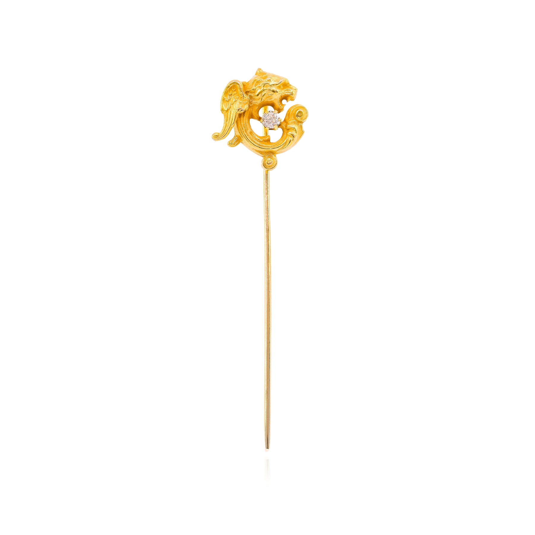 ESTATE 14K YELLOW GOLD DIAMOND WINGED LION STICK PIN - 0.07CTW