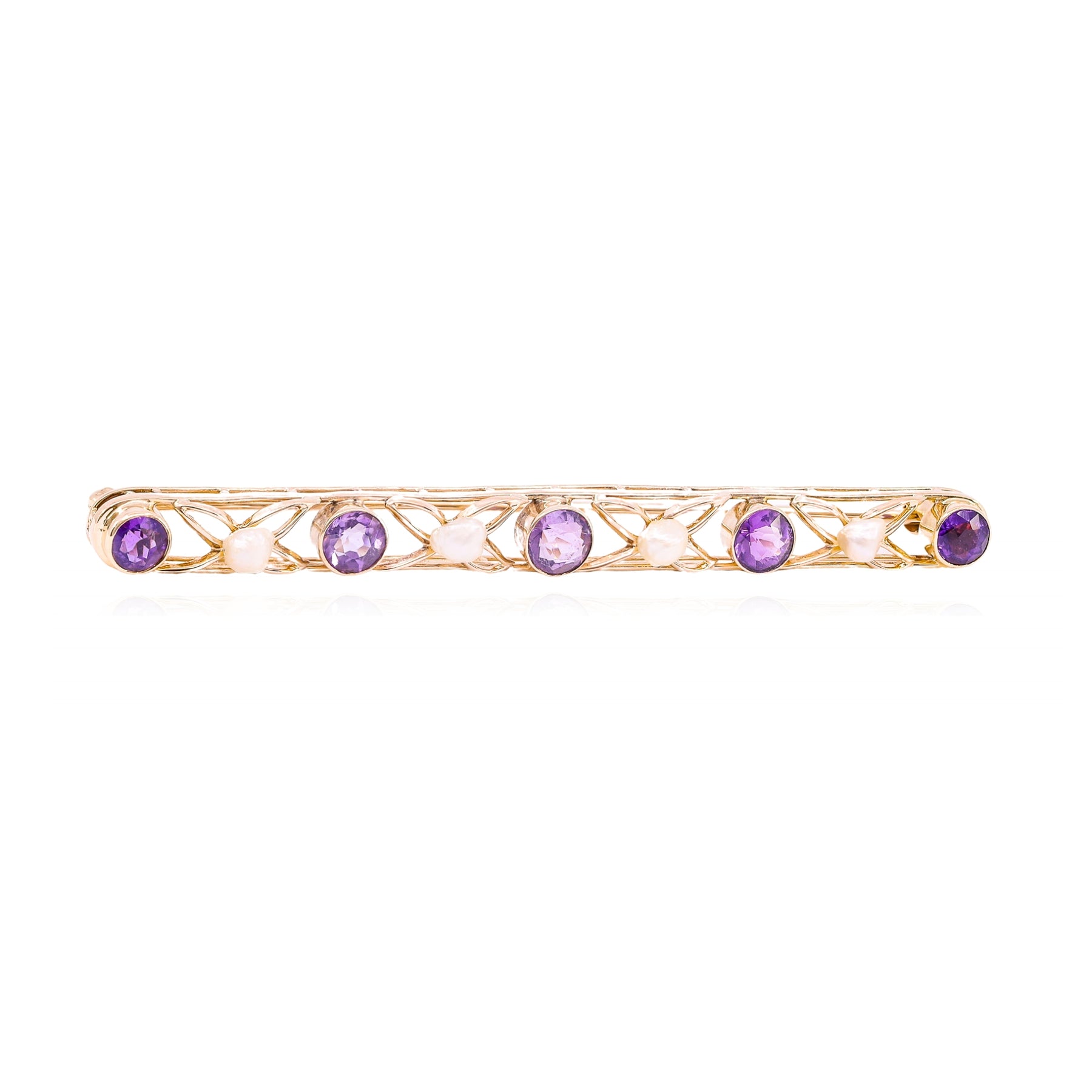 ESTATE 14K YELLOW GOLD AMETHYST AND SEED PEARL BAR PIN