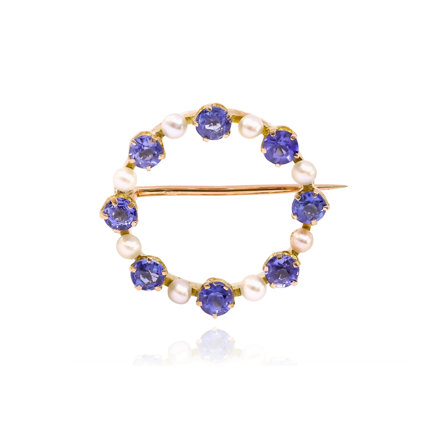 ESTATE 14K ROSE GOLD SAPPHIRE SEED PEARL PIN 