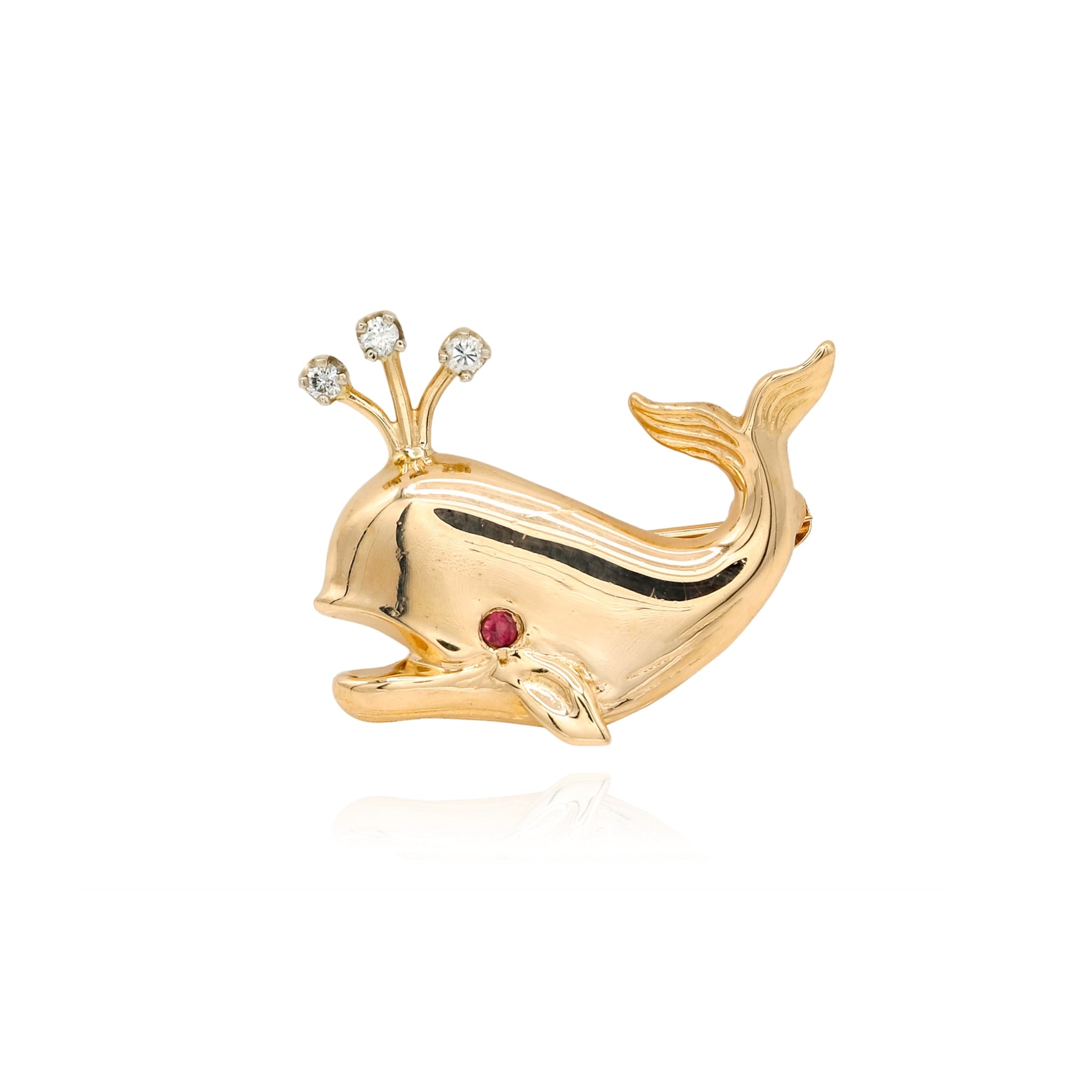ESTATE 14K YELLOW GOLD RUBY DIAMOND WHALE PIN