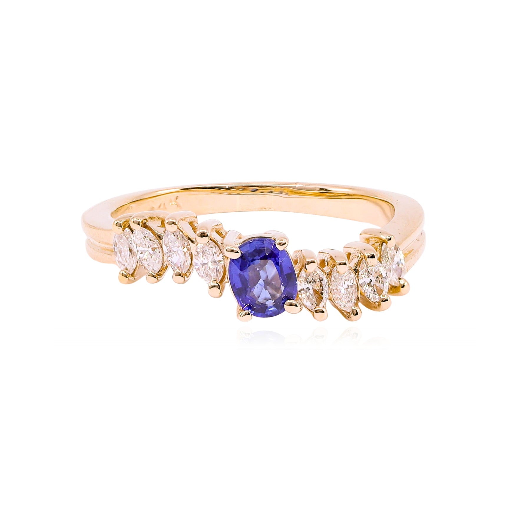 ESTATE 14K YELLOW GOLD OVAL SAPPHIRE AND MARQUISE DIAMOND RING 