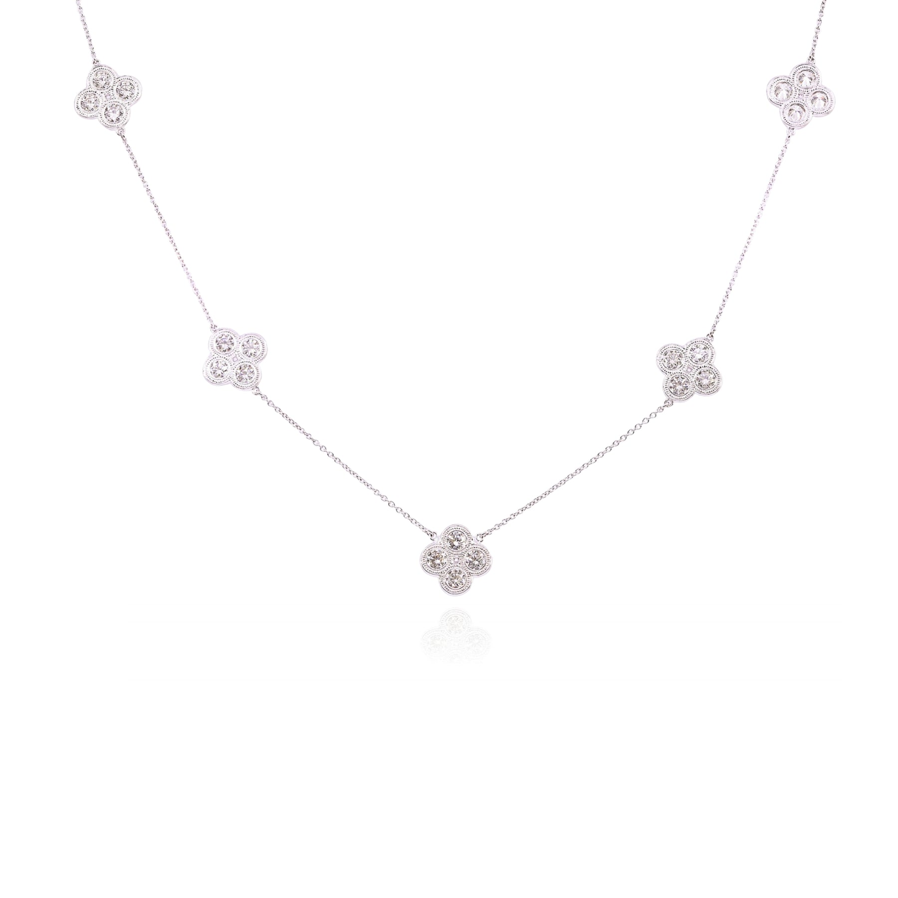 ESTATE 14K WHITE GOLD DIAMOND CLOVER STATION NECKLACE - 3.50CTW