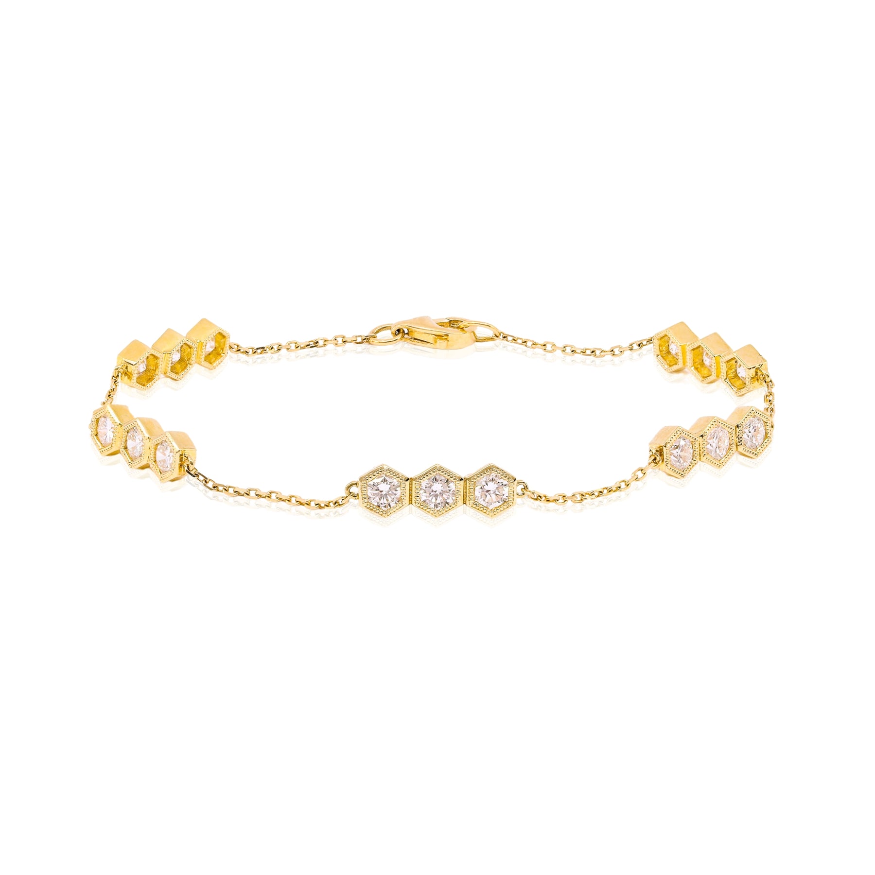 18K YELLOW GOLD HEXAGON BEZEL SET STATION DIAMOND BRACELET - 1.51CTW