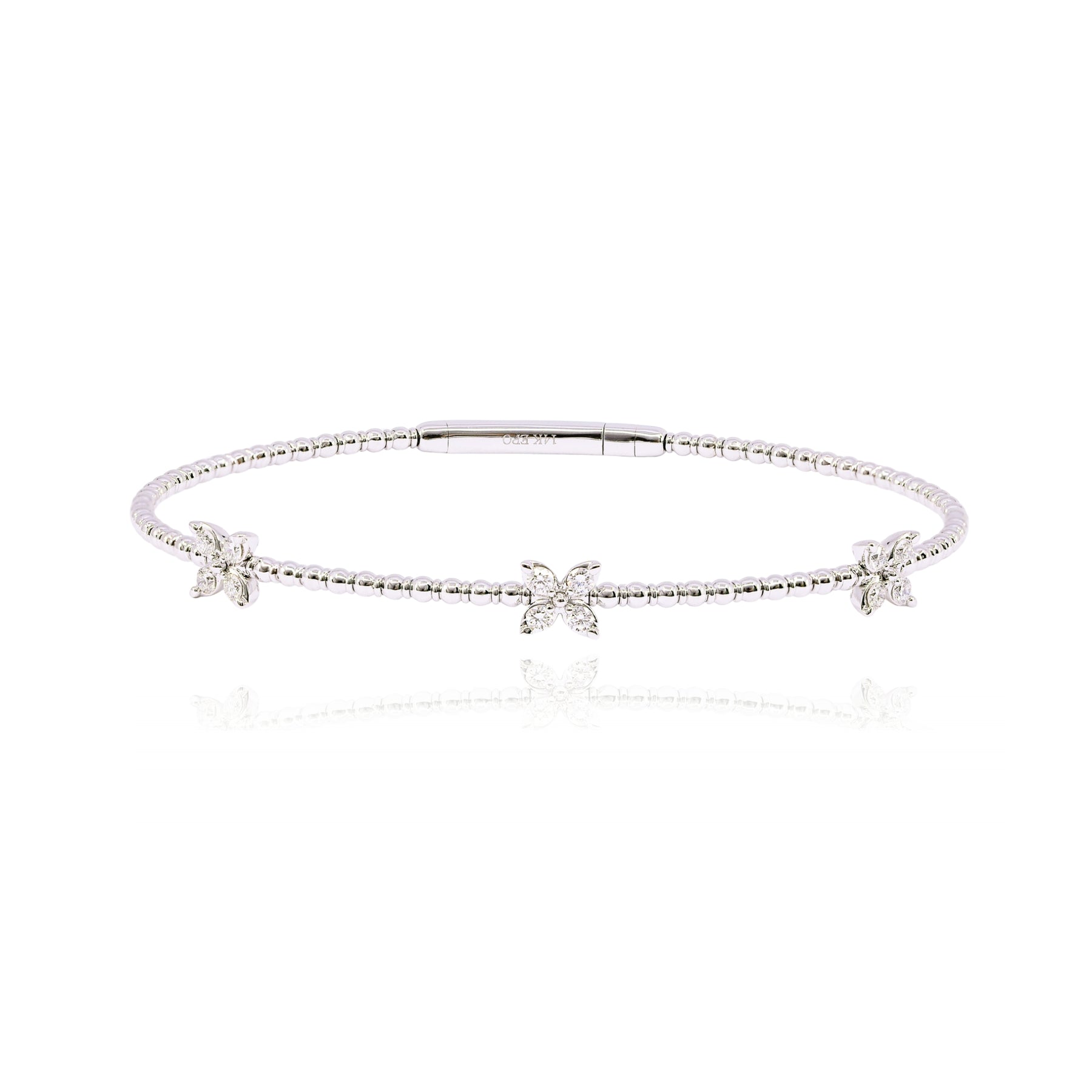 14K WHITE GOLD FLEXIBLE DIAMOND FLOWER BANGLE BRACELET 0.32CTW