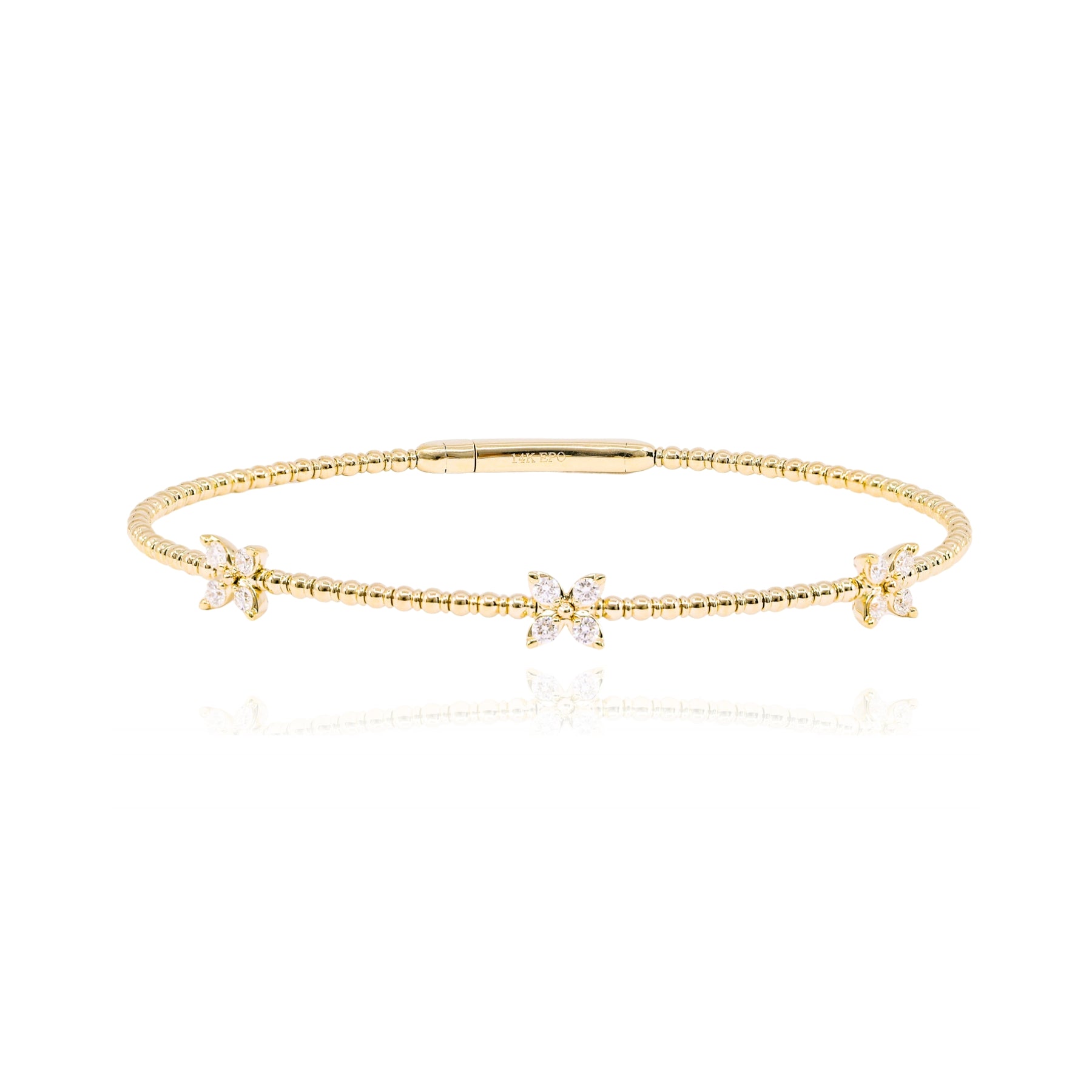 14K YELLOW GOLD FLEXIBLE DIAMOND THREE-FLOWER BANGLE BRACELET B271 14KY