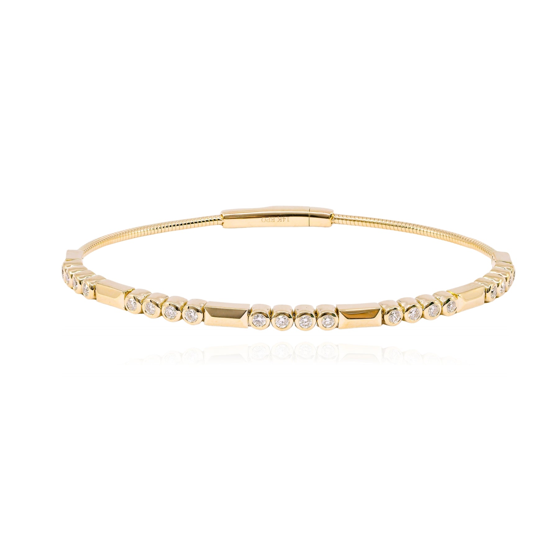 14K YELLOW GOLD BAR AND BEZEL DIAMOND FLEXIBLE BANGLE BRACELET B276 14KY