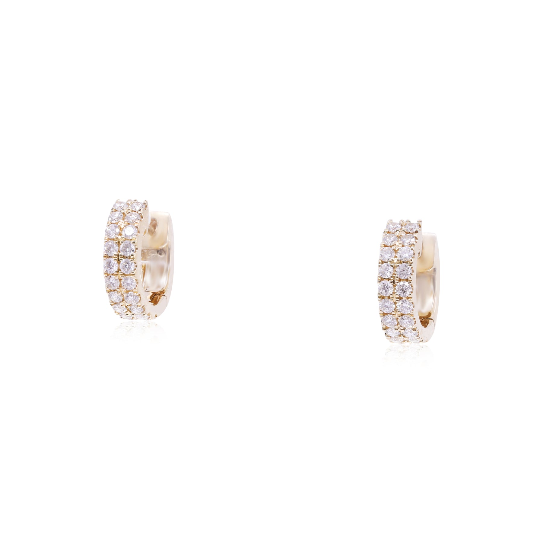 14K yellow gold double row huggie hoop earrings containing 40 round diamonds
