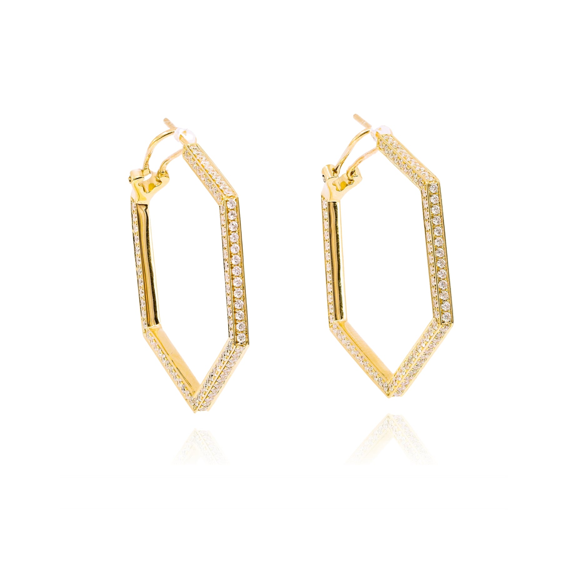 18K YELLOW GOLD OPEN HEXAGON DIAMOND HOOP EARRINGS - 3.39CTW