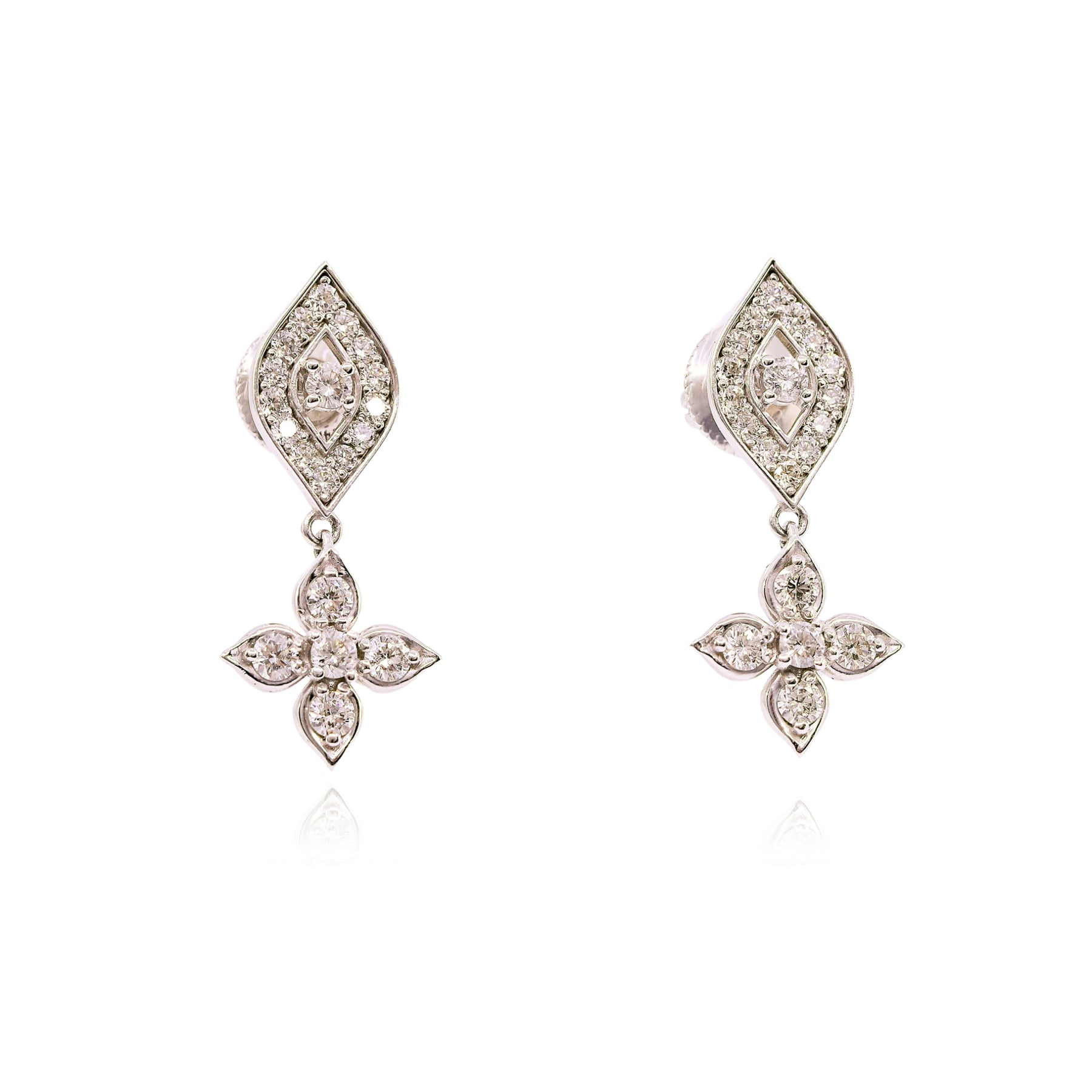 14K WHITE GOLD DIAMOND CLOVER DROP EARRINGS - 1.07CTW