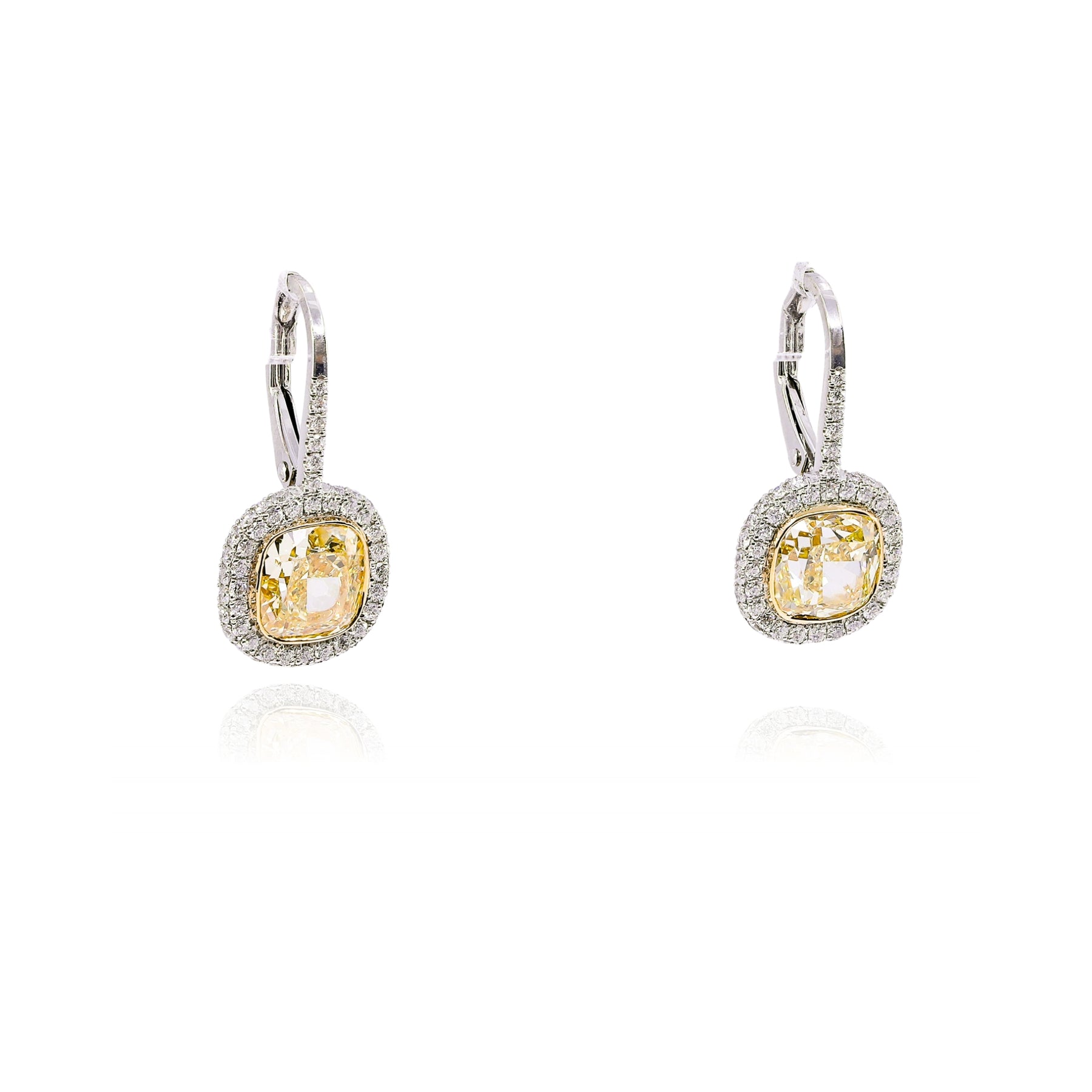 PLATINUM 18K YELLOW GOLD FANCY YELLOW CUSHION DIAMOND HALO DROP EARRINGS - 3.86CTW