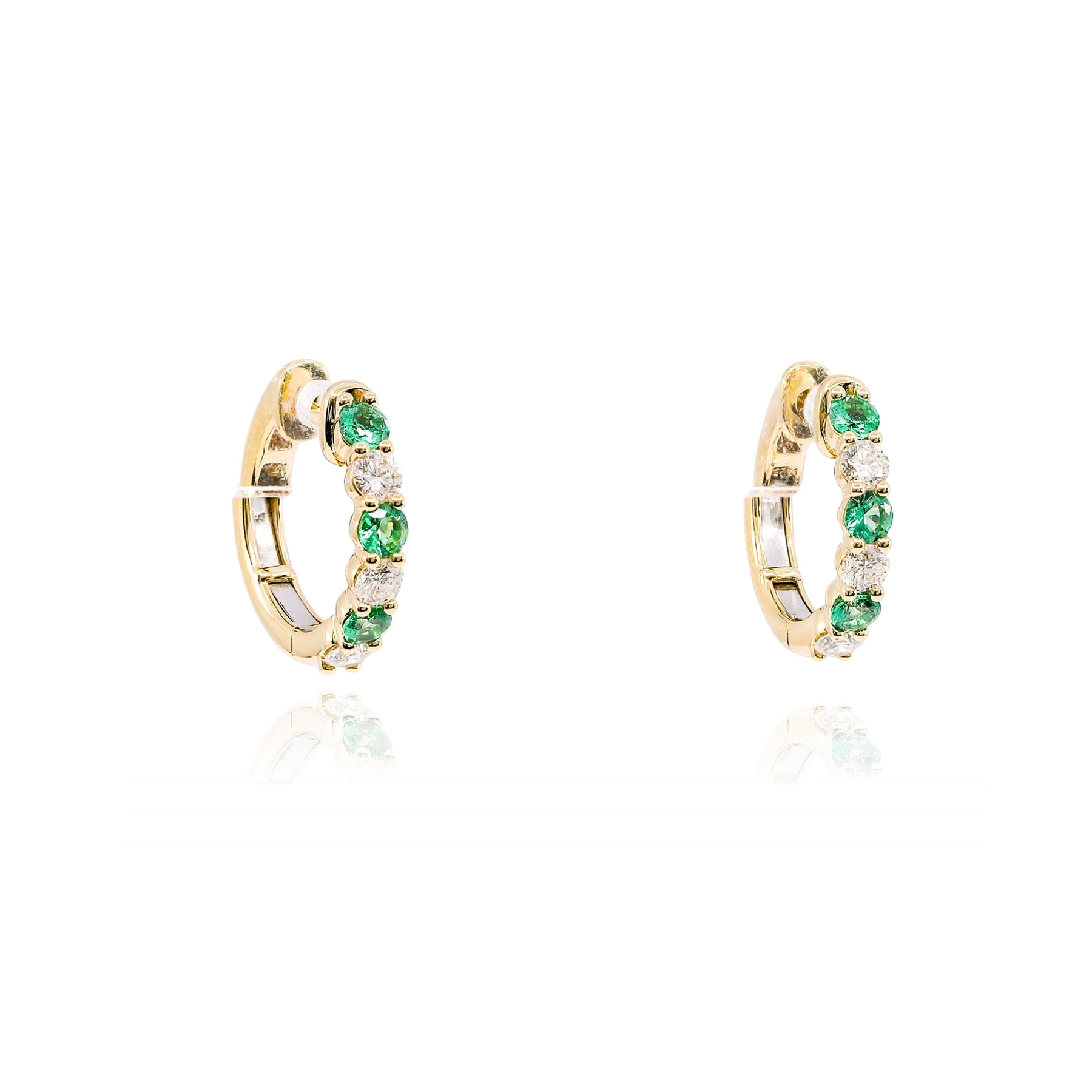 14K YELLOW GOLD EMERALD DIAMOND HOOP EARRINGS - 0.47CTW