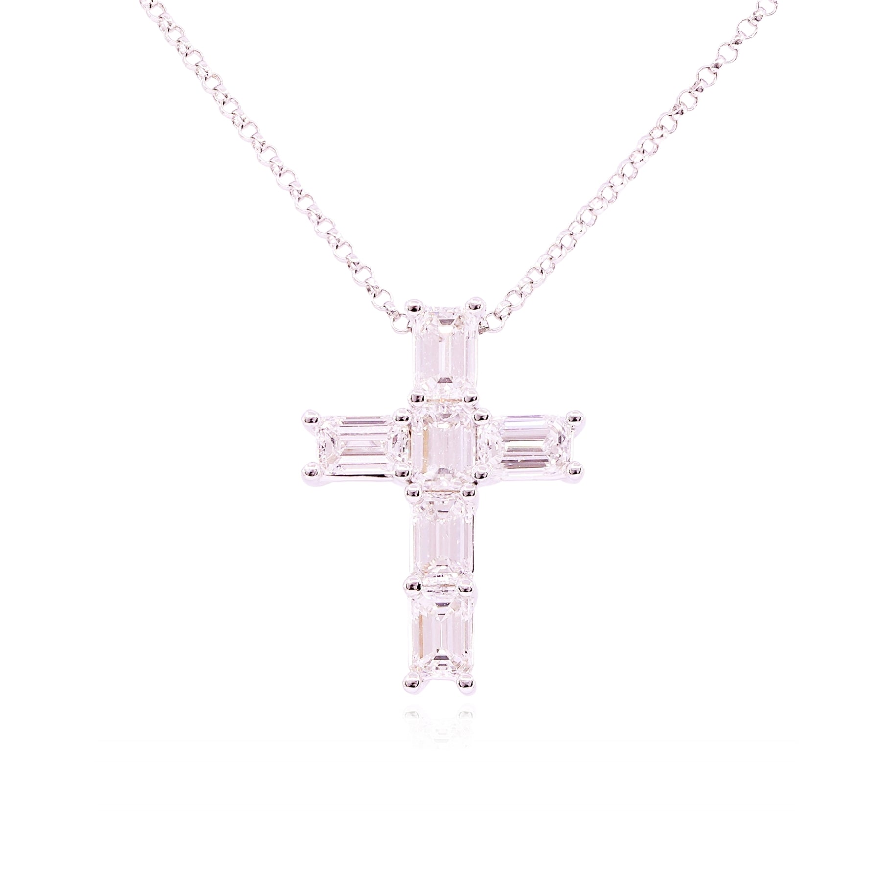 18K WHITE GOLD EMERALD-CUT DIAMOND CROSS PENDANT NECKLACE - 1.84CTW