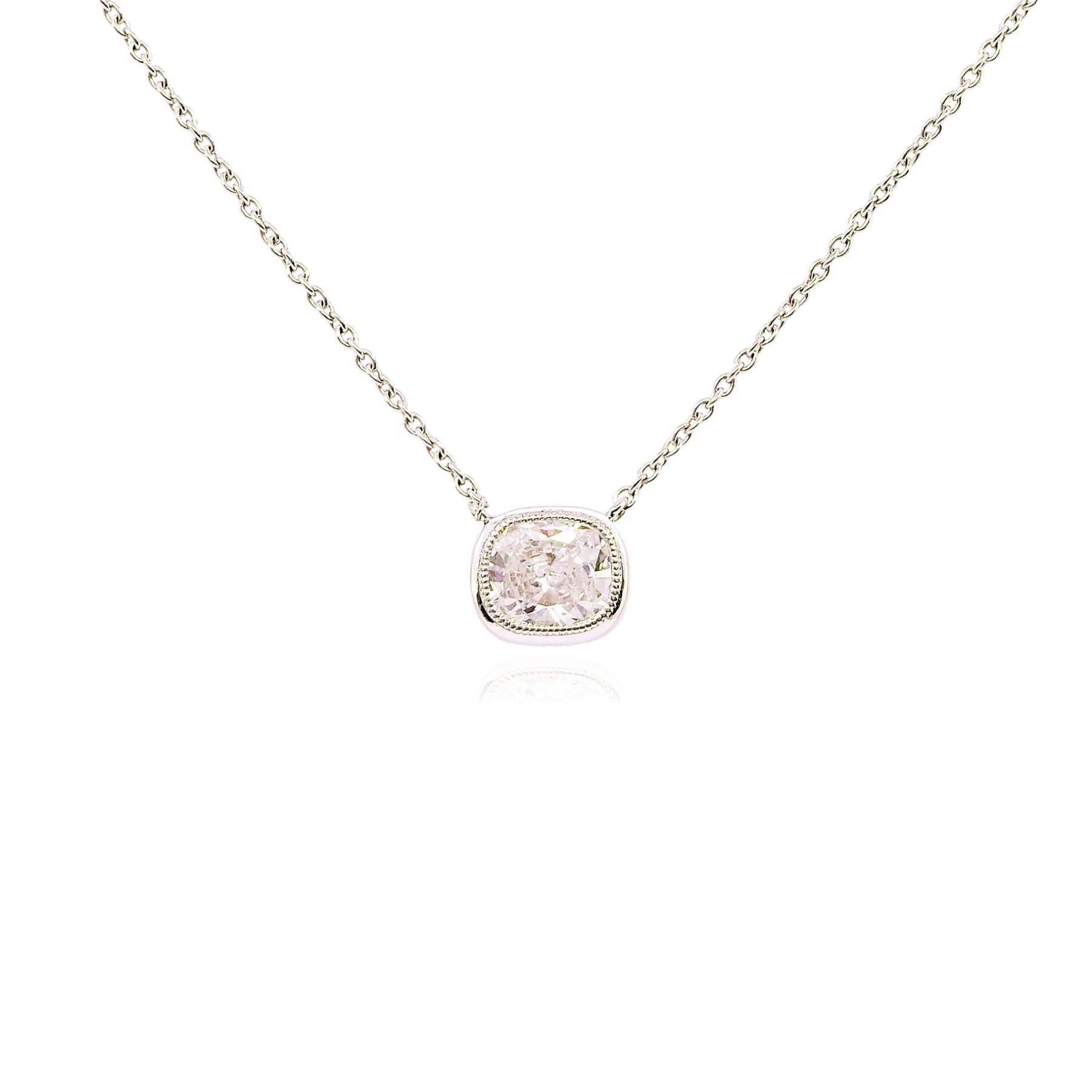 18K WHITE GOLD BEZEL SET CUSHION-CUT DIAMOND SOLITAIRE PENDANT NECKLACE - 0.51CT