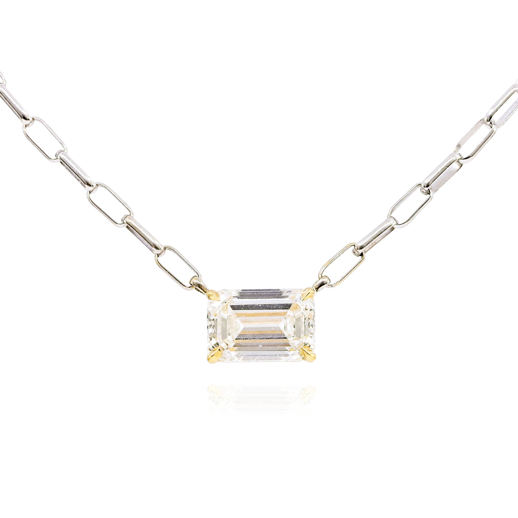 18K YELLOW GOLD EAST-WEST 2.02CT EMERALD CUT DIAMOND SOLITAIRE PENDANT NECKLACE