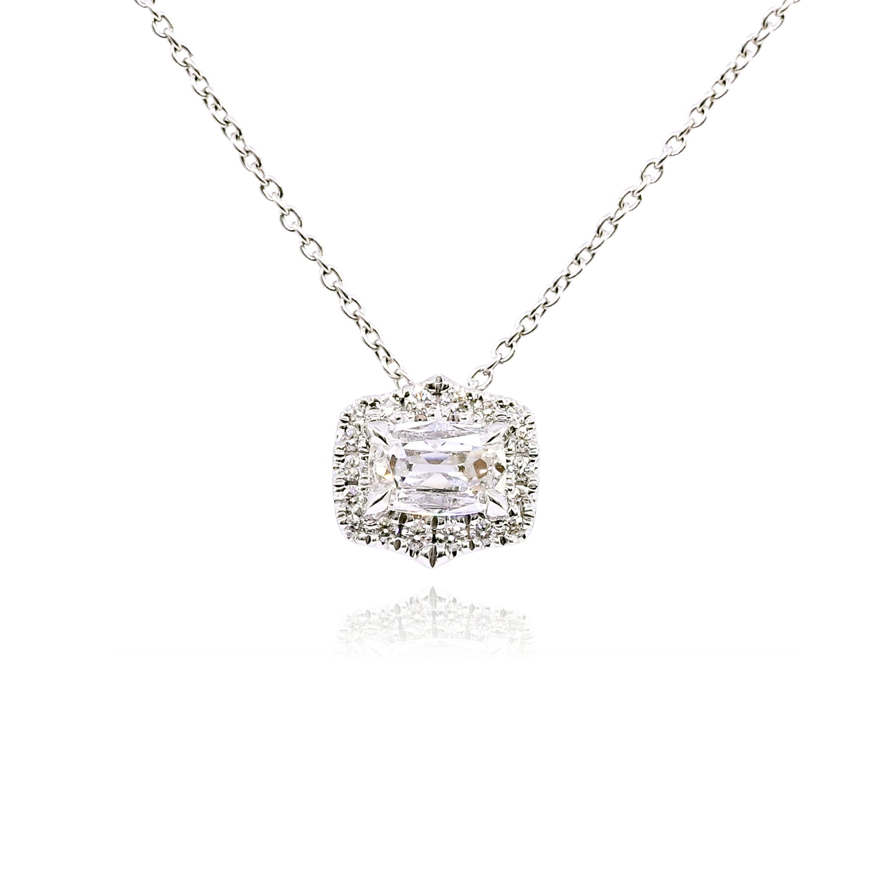 18K WHITE GOLD CUSHION CUT DIAMOND HALO PENDANT NECKLACE - 0.38CTW