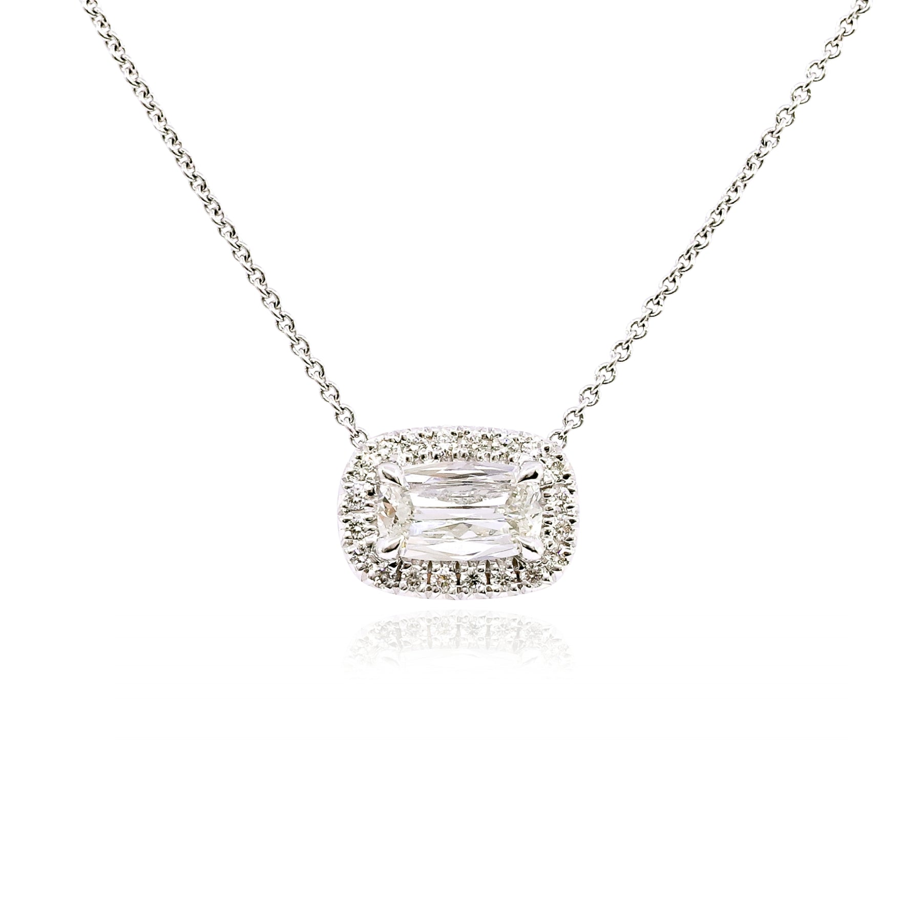 14K WHITE GOLD CUSHION DIAMOND HALO SOLITAIRE PENDANT NECKLACE