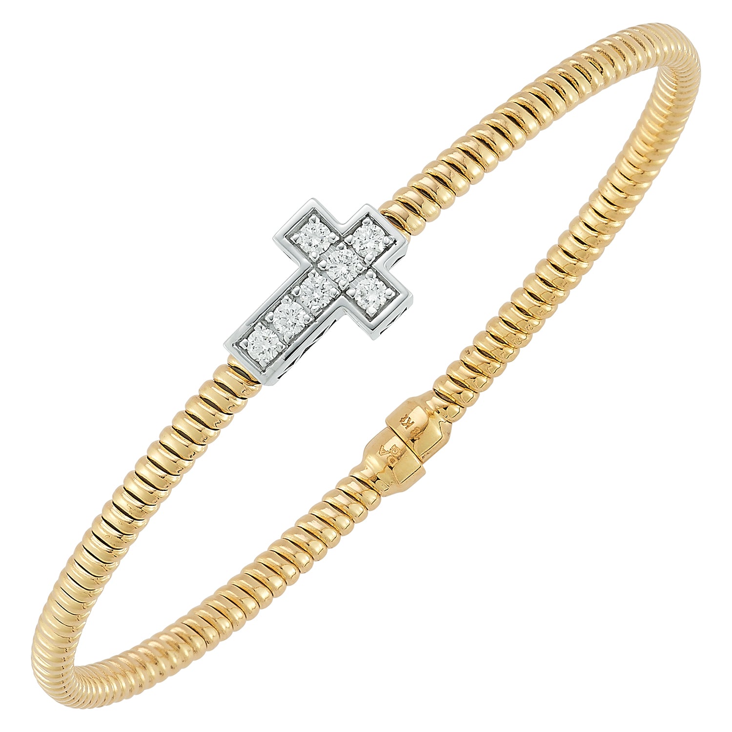 18K YELLOW GOLD FLEXIBLE DIAMOND CROSS RIBBED CUFF BRACELET - 0.30CTW  233-01251