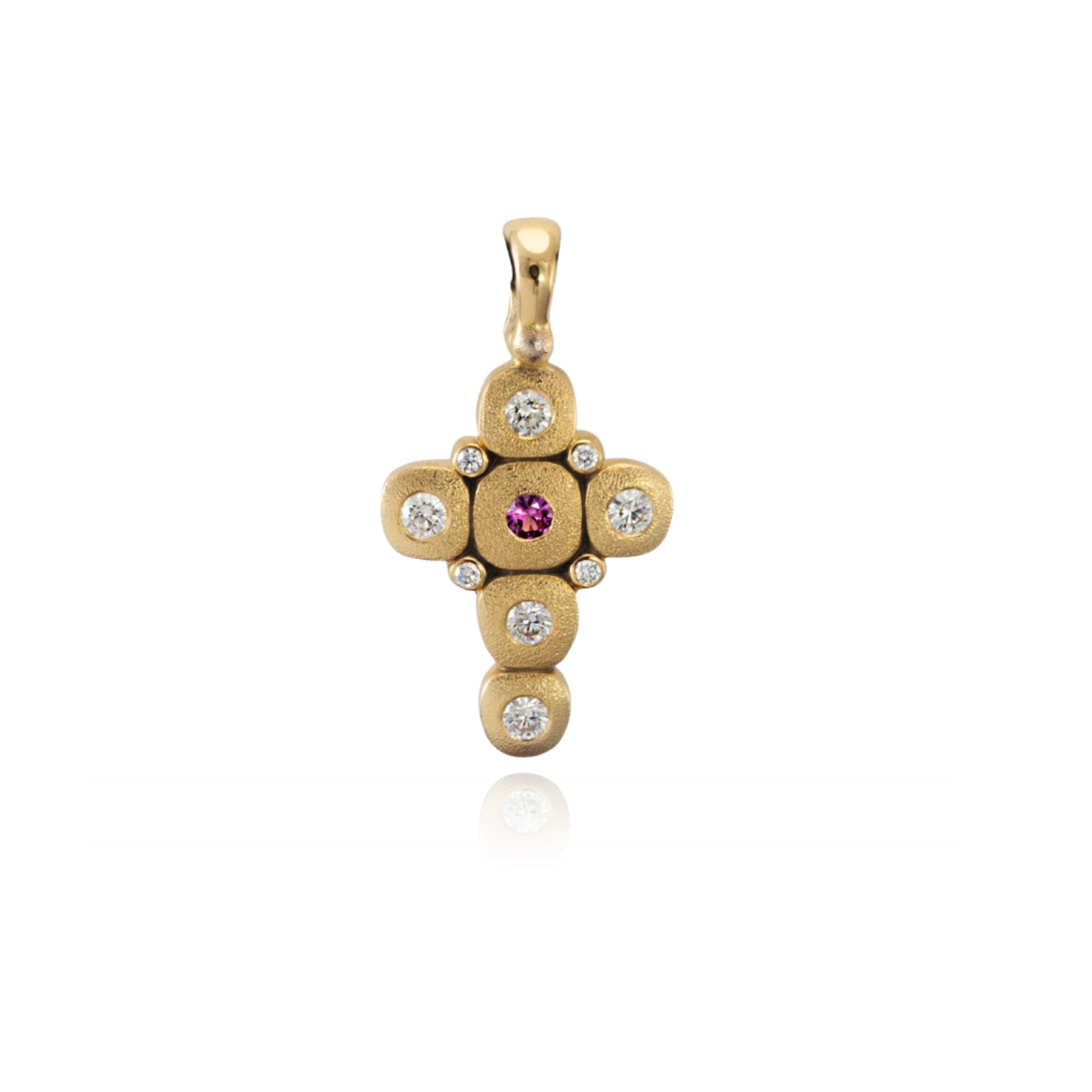 ALEX SEPKUS 18K YELLOW GOLD CANDY CROSS PENDANT WITH DIAMONDS AND RUBY M-55