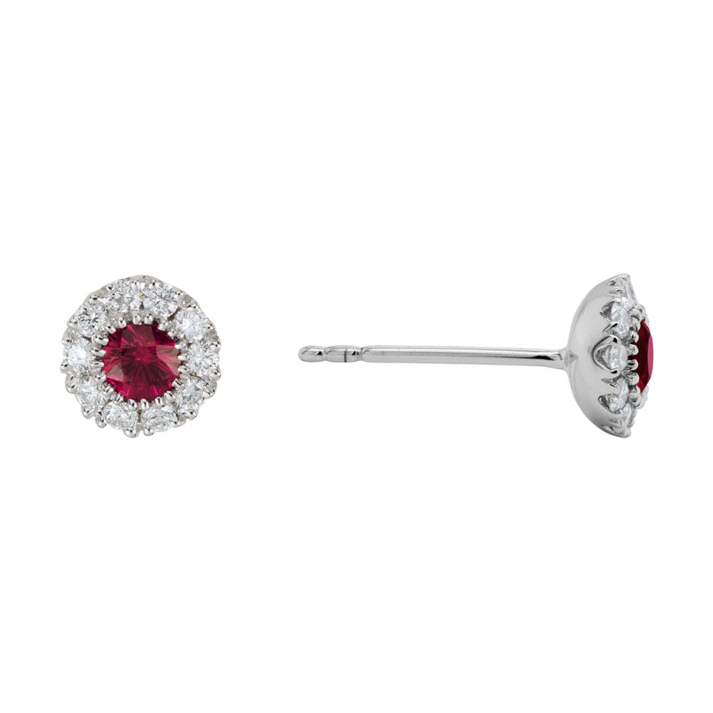 14K WHITE GOLD DIAMOND RUBY HALO STUD EARRINGS