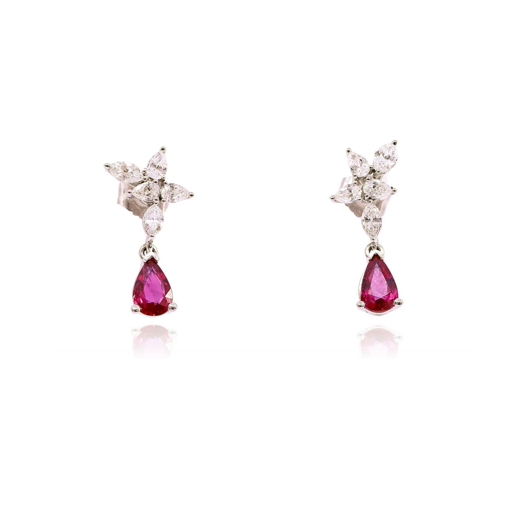 14K WHITE GOLD RUBY DIAMOND DANGLE EARRINGS