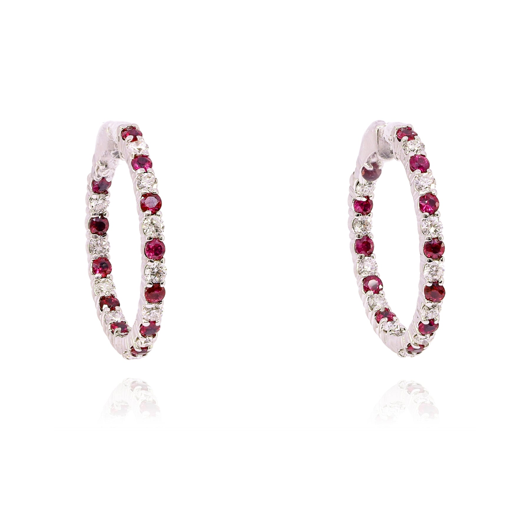 14K WHITE GOLD DIAMOND RUBY INSIDE-OUT HOOPS