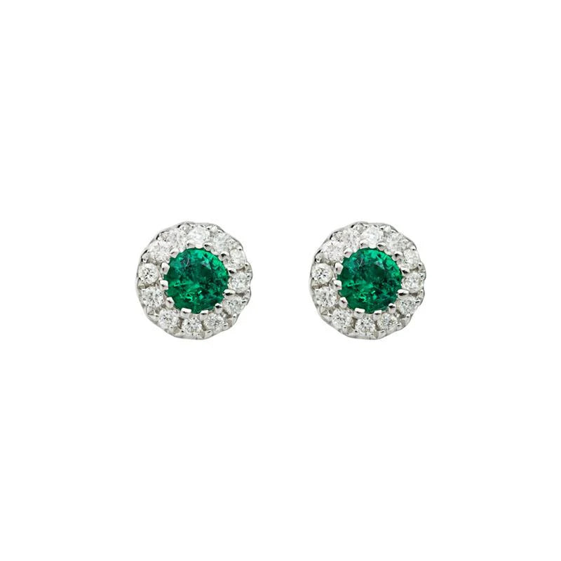 14K WHITE GOLD EMERALD DIAMOND HALO SMALL STUD EARRINGS