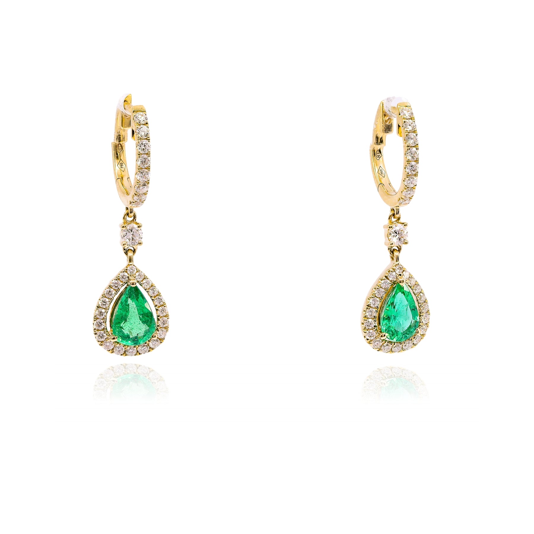 18K YELLOW GOLD TEARDROP EMERALD AND DIAMOND HALO DANGLE EARRINGS  239-02450