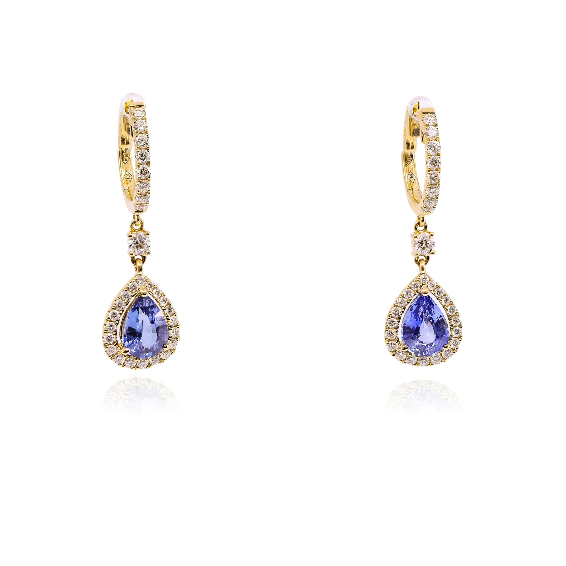 18K YELLOW GOLD TEARDROP SAPPHIRE AND DIAMOND HALO DANGLE EARRINGS  239-02451