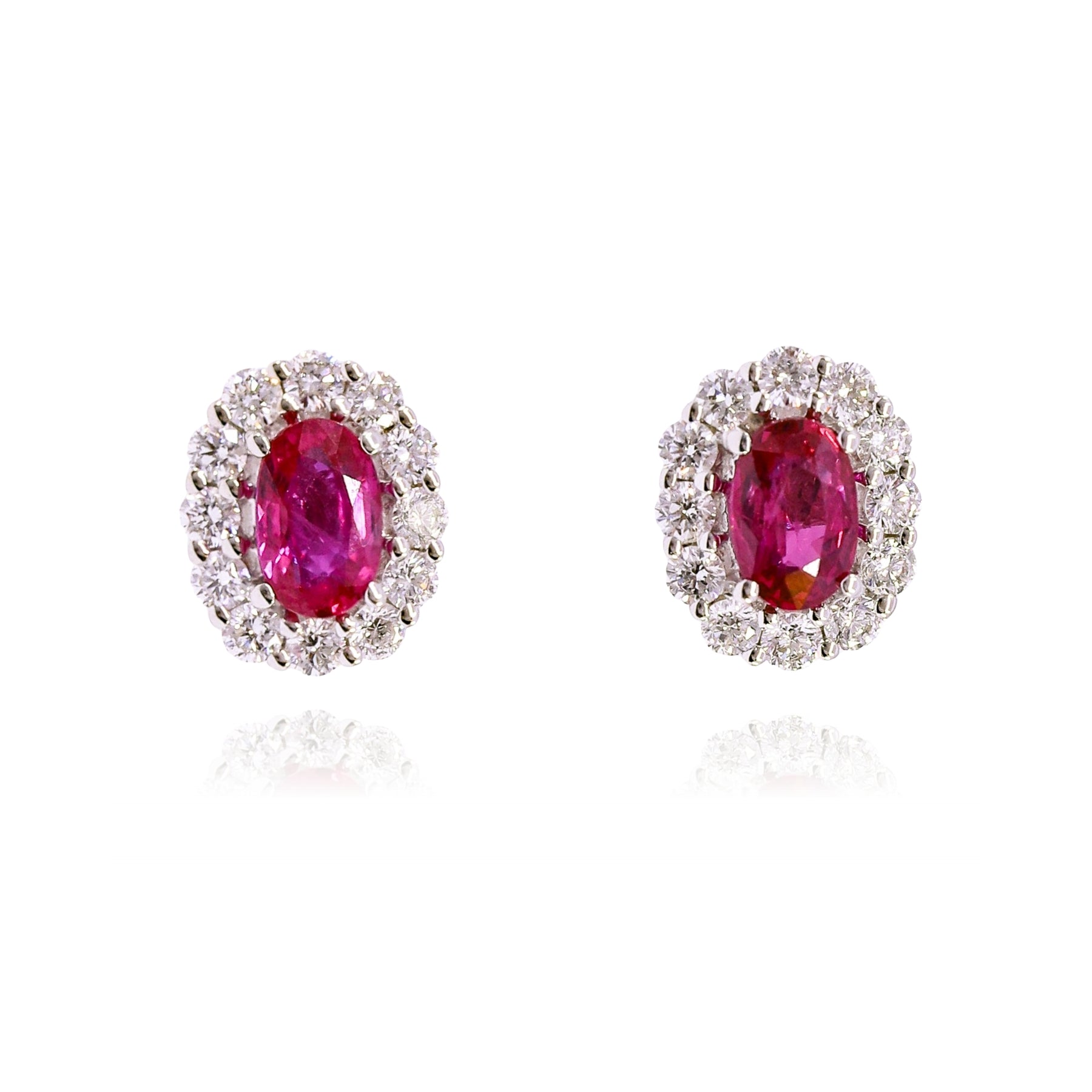 18K WHITE GOLD OVAL RUBY DIAMOND HALO STUD EARRINGS  239-02483