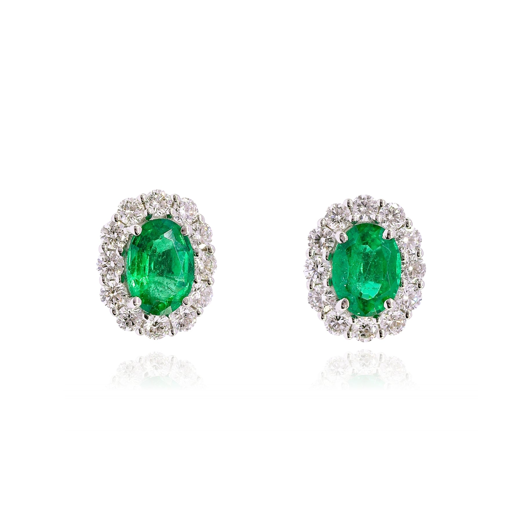 18K WHITE GOLD OVAL EMERALD DIAMOND HALO STUD EARRINGS  239-02516