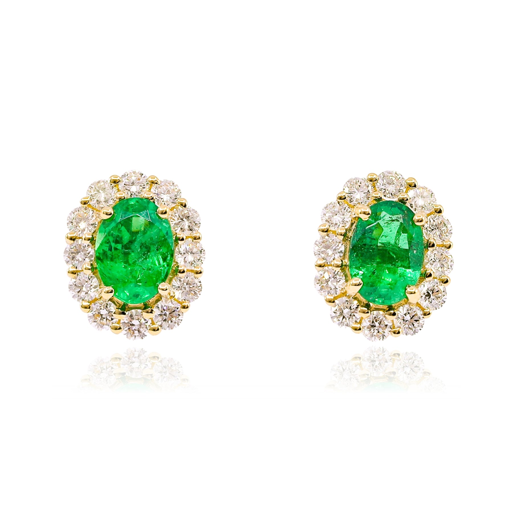 18K YELLOW GOLD OVAL EMERALD AND DIAMOND HALO STUD EARRINGS  239-02550