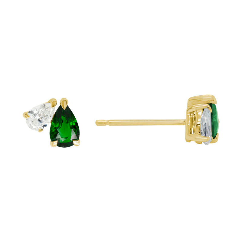 14K YELLOW GOLD TEARDROP EMERALD DIAMOND STUD EARRINGS