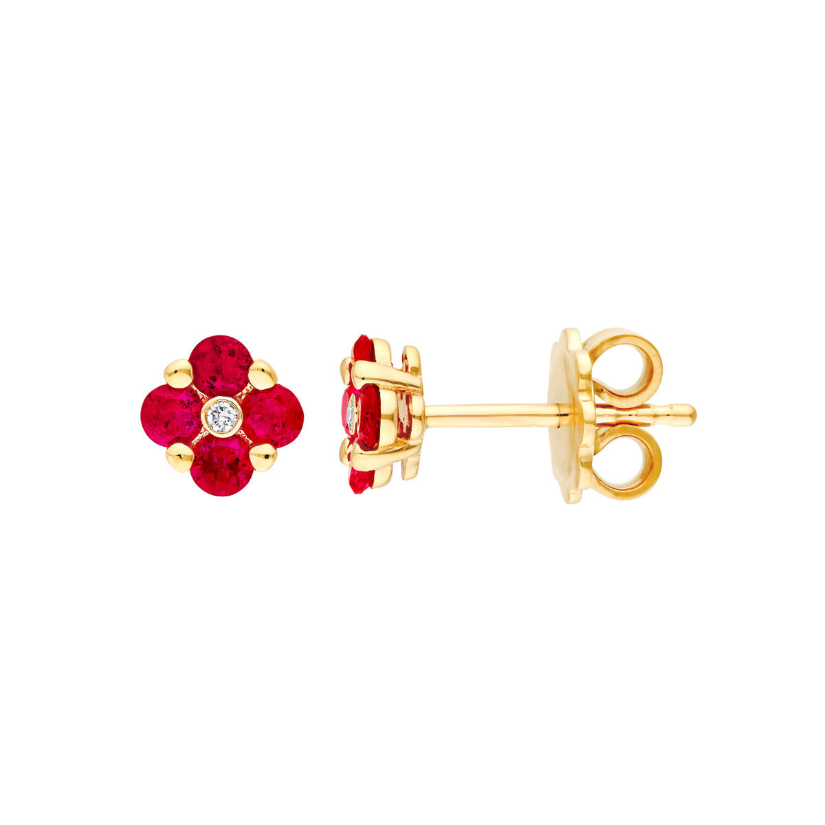 14K YELLOW GOLD RUBY DIAMOND CLUSTER STUD EARRINGS