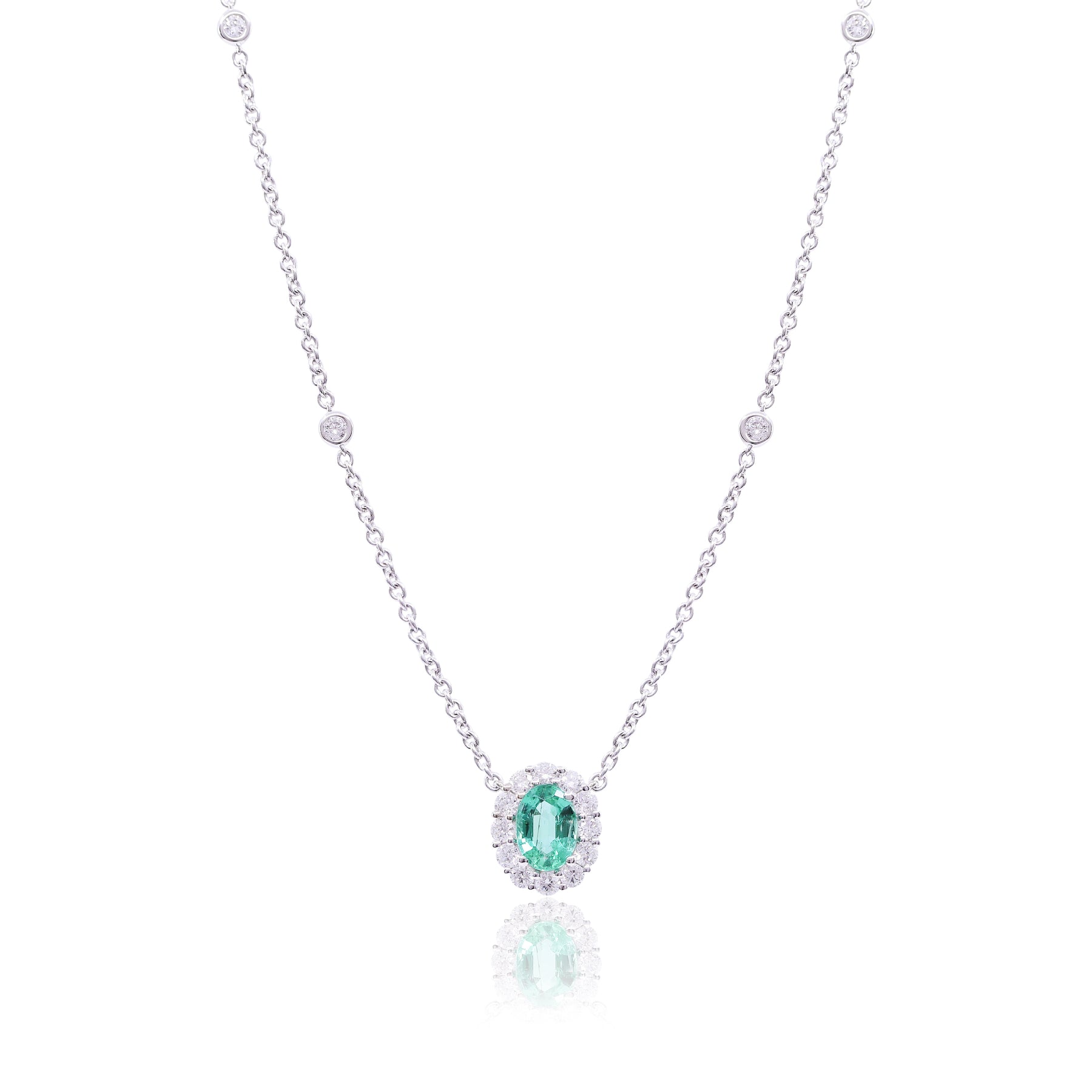 18K WHITE GOLD OVAL EMERALD AND DIAMOND HALO NECKLACE  240-01826