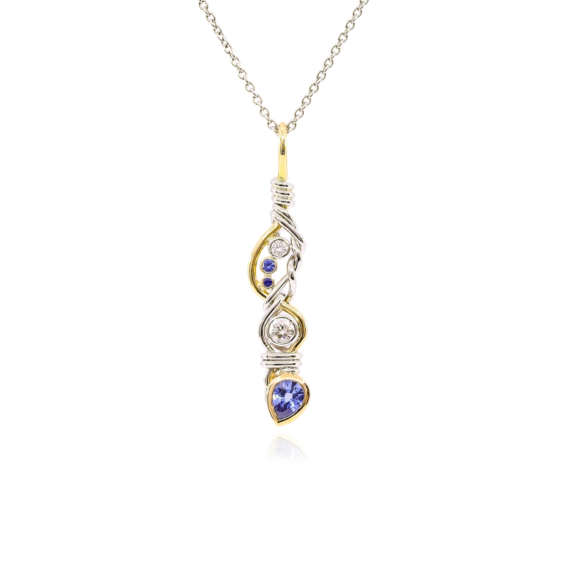 BRIAN KEENEY 18K YELLOW GOLD AND PLATINUM SAPPHIRE AND DIAMOND DROP PENDANT NECKLACE