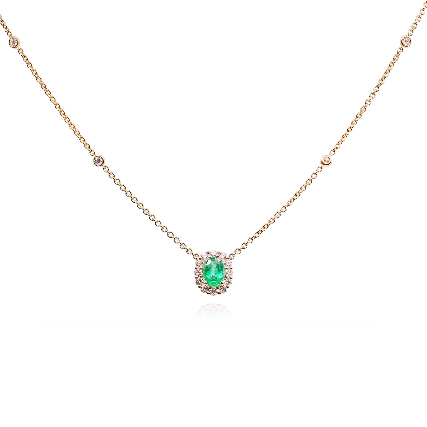 18K YELLOW GOLD OVAL EMERALD DIAMOND HALO NECKLACE  240-01861
